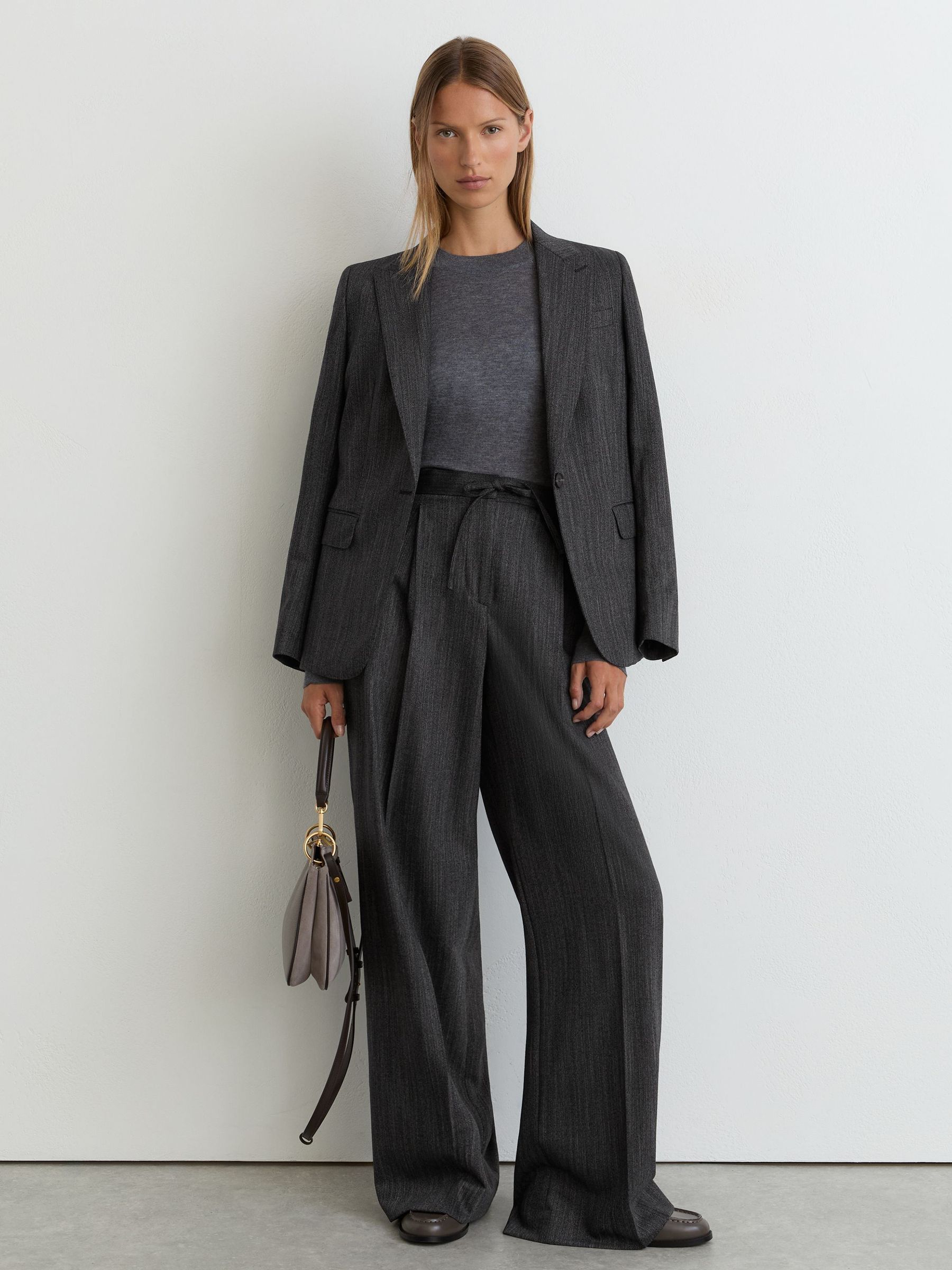 Wool-Blend Wide-Leg Drawstring Trousers in Dark Grey - Image 1 of 9