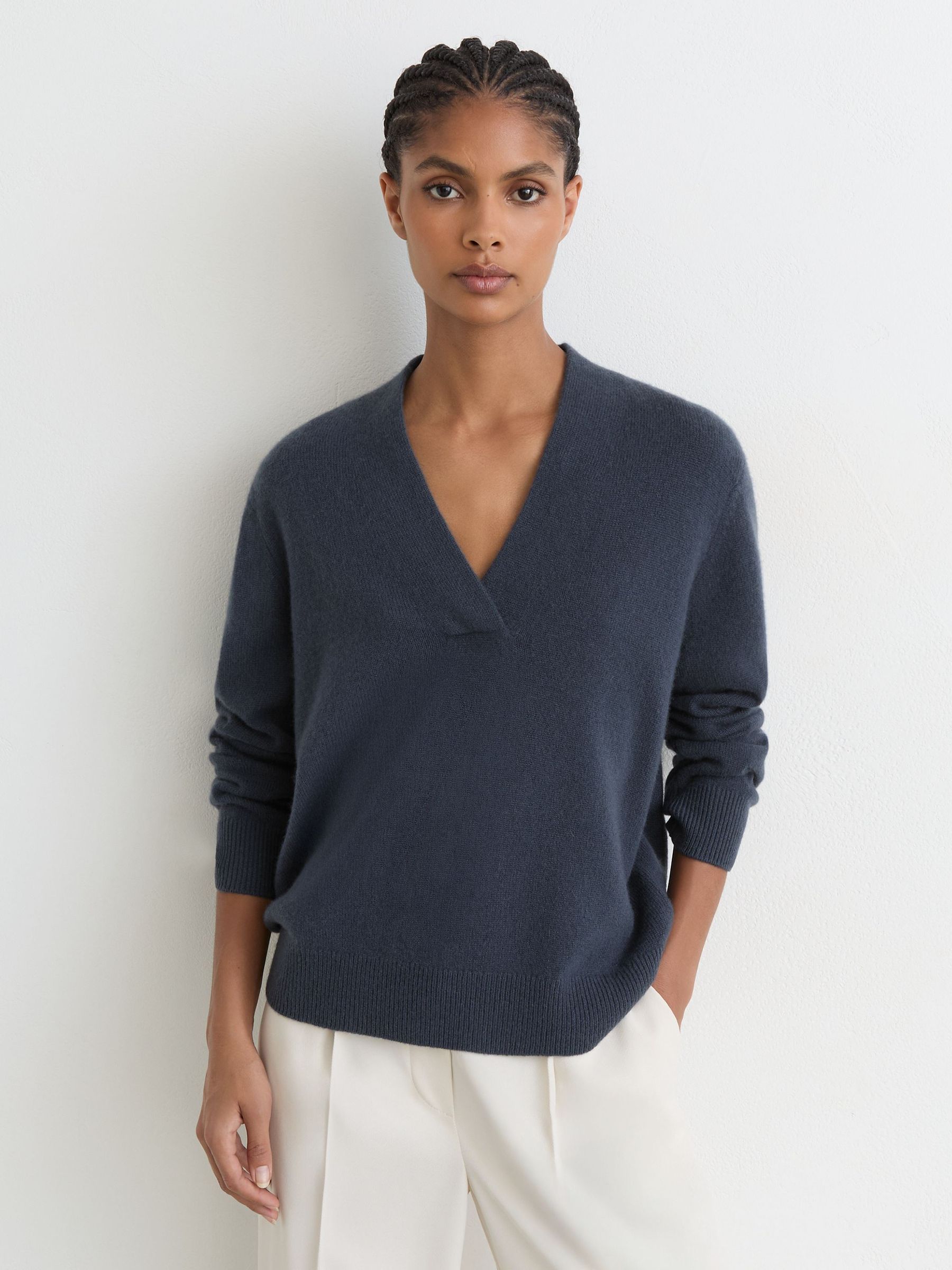 100% Cashmere Shawl-Neck Jumper in Slate Blue - Image 4 of 7
