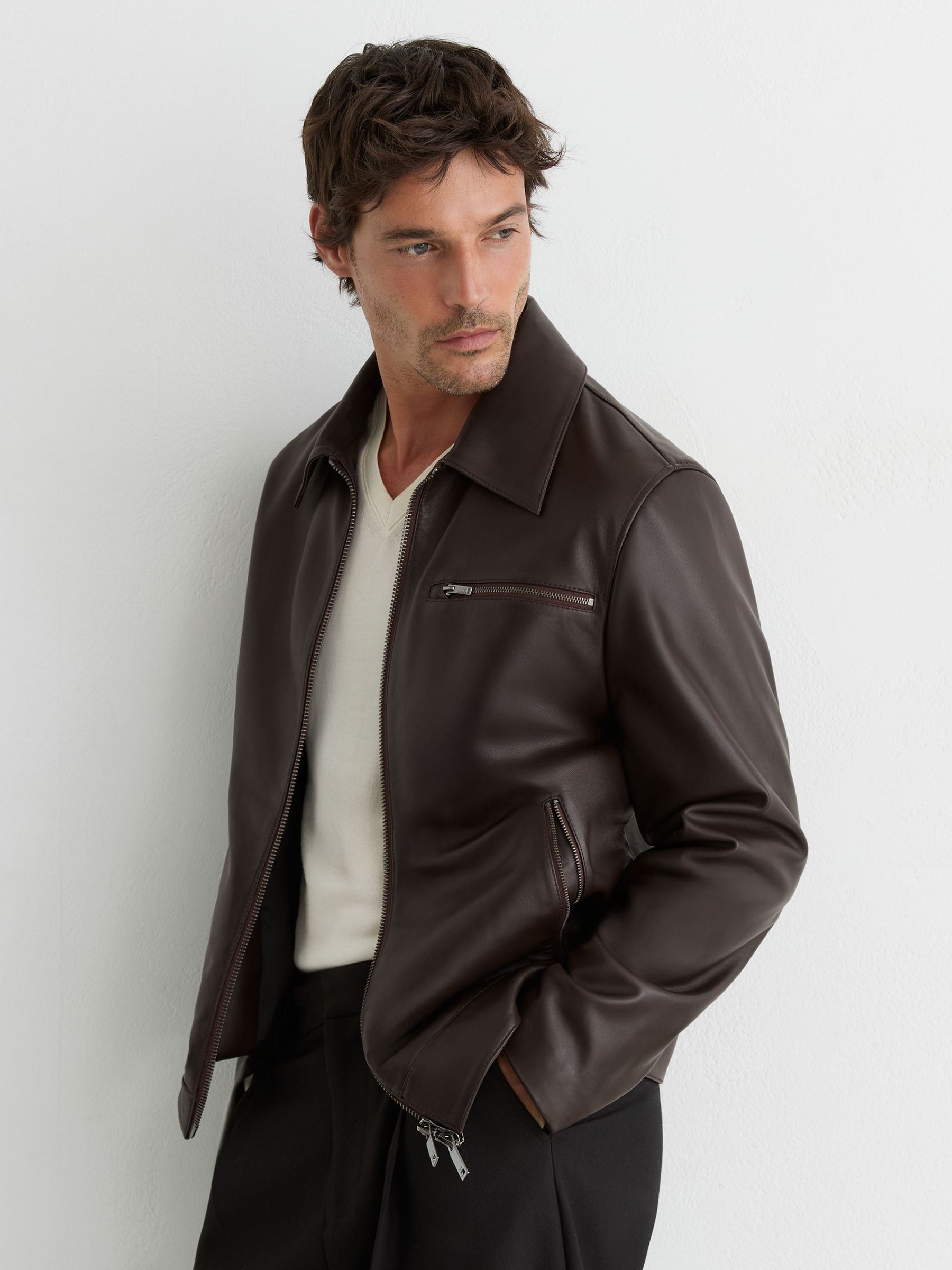 Leather Zip-Through Jacket in Brown - Image 1 of 8