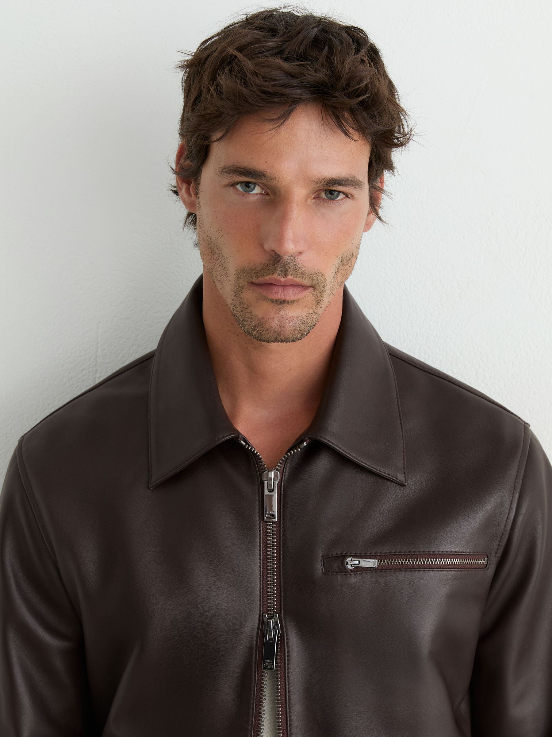Leather Zip-Through Jacket in Brown - Image 3 of 8