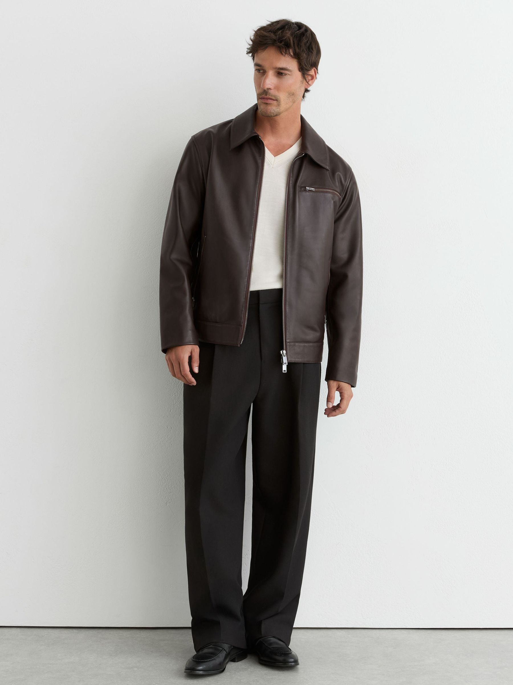 Leather Zip-Through Jacket in Brown - Image 4 of 8