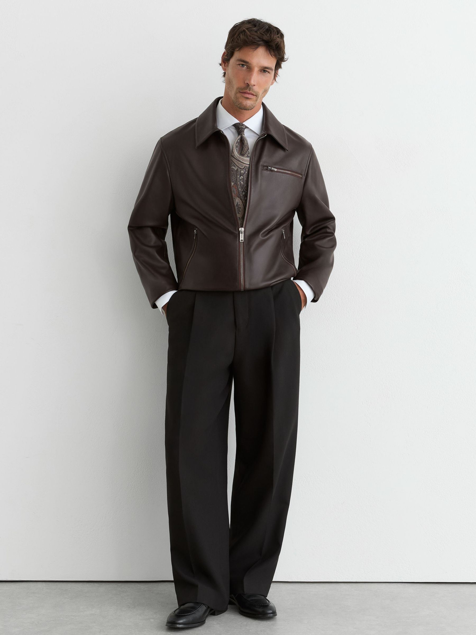 Leather Zip-Through Jacket in Brown - Image 6 of 8