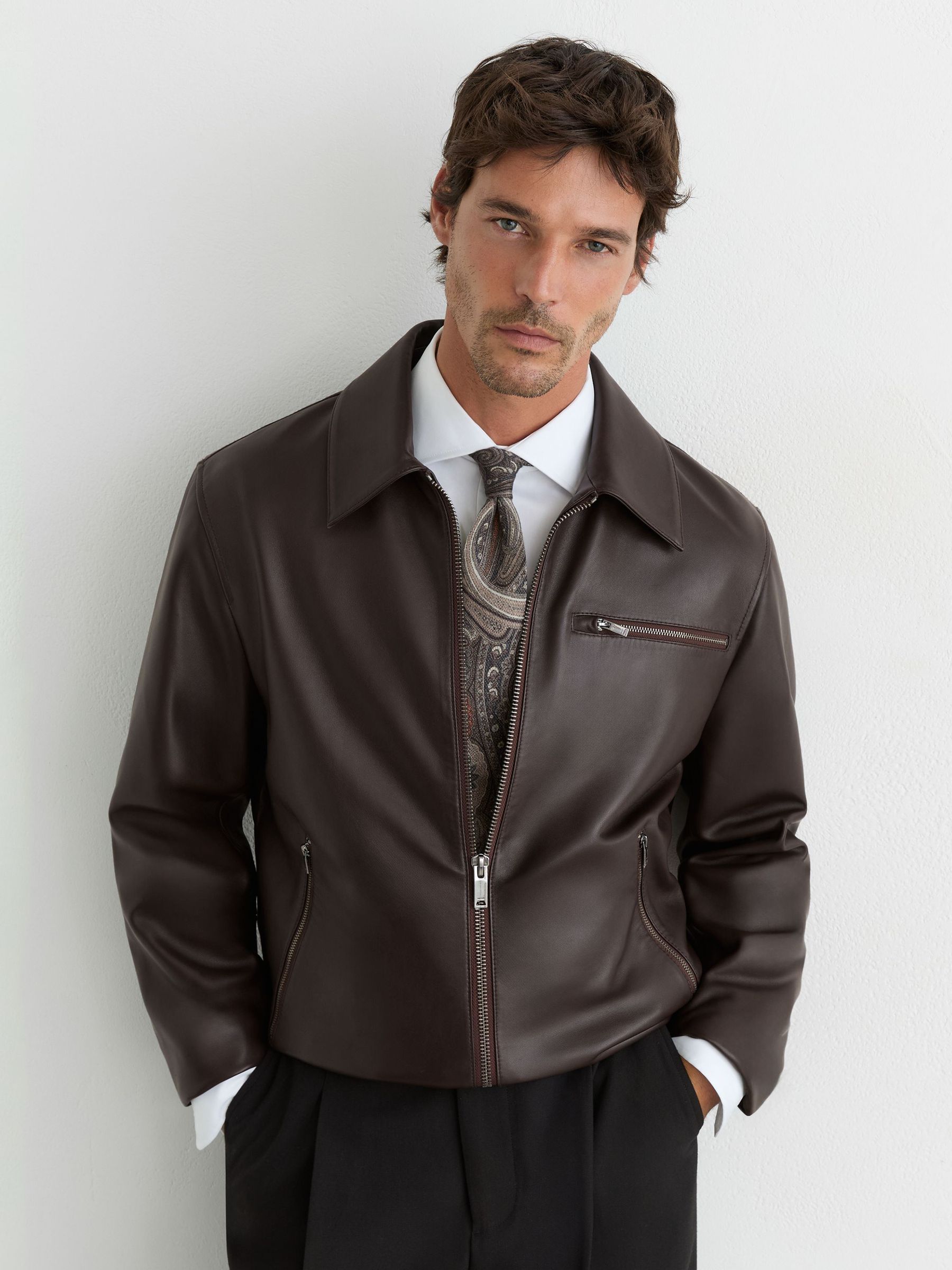 Leather Zip-Through Jacket in Brown - Image 7 of 8