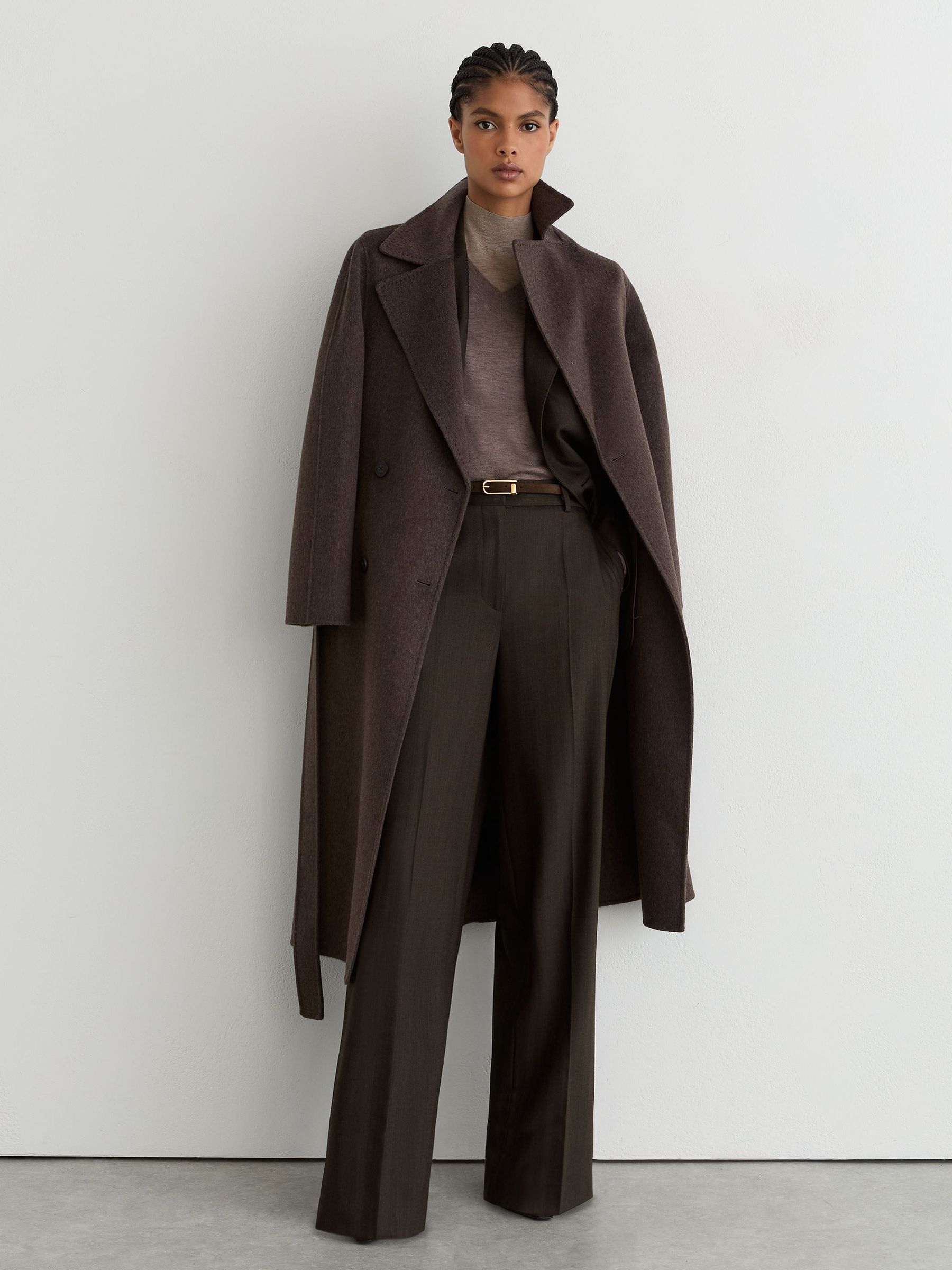 Wool-Blend Herringbone Wide-Leg Trousers in Chocolate Brown - Image 3 of 10