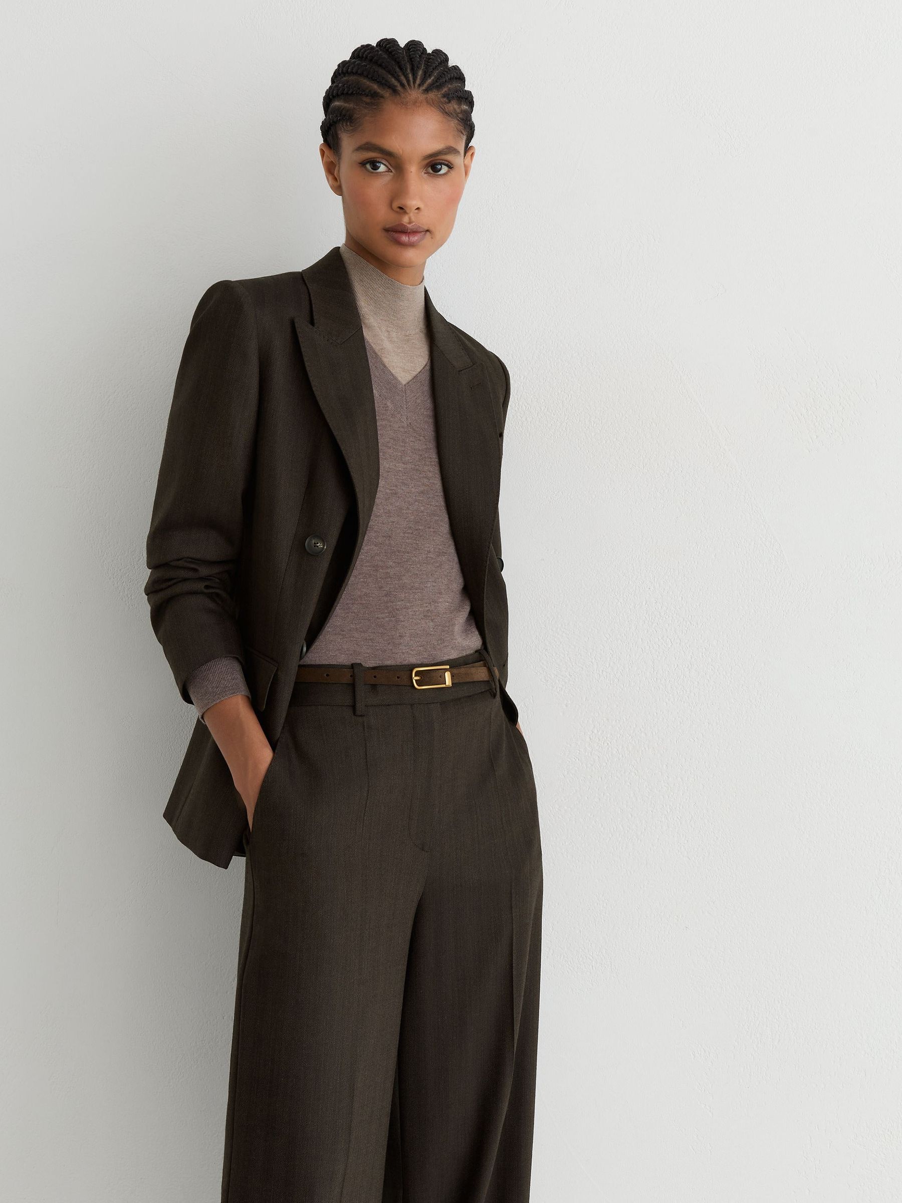 Wool-Blend Herringbone Wide-Leg Trousers in Chocolate Brown - Image 5 of 10