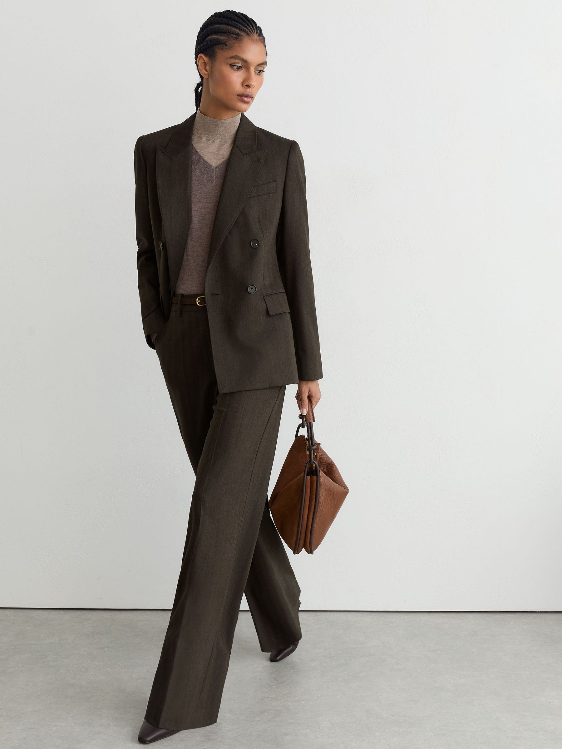 Wool-Blend Herringbone Wide-Leg Trousers in Chocolate Brown - Image 7 of 10