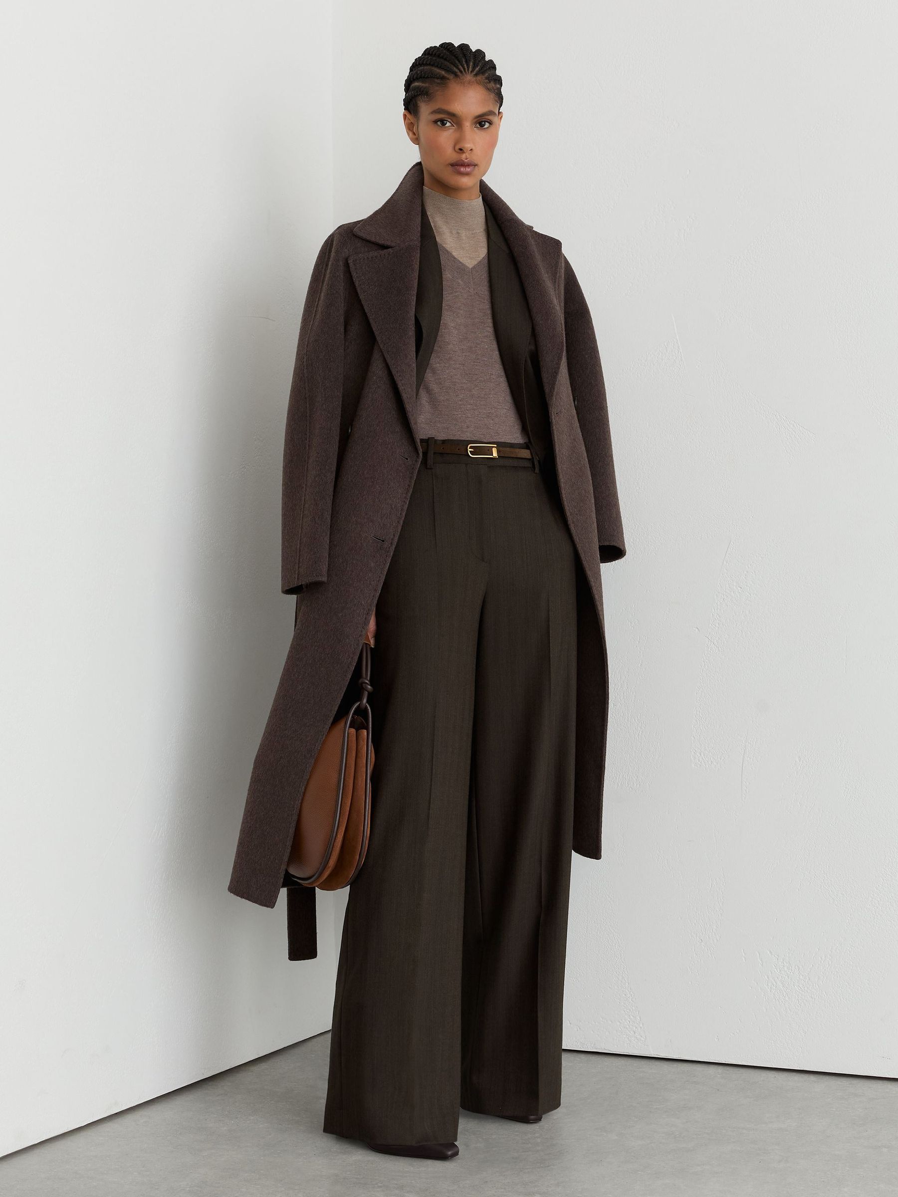 Wool-Blend Herringbone Wide-Leg Trousers in Chocolate Brown - Image 9 of 10