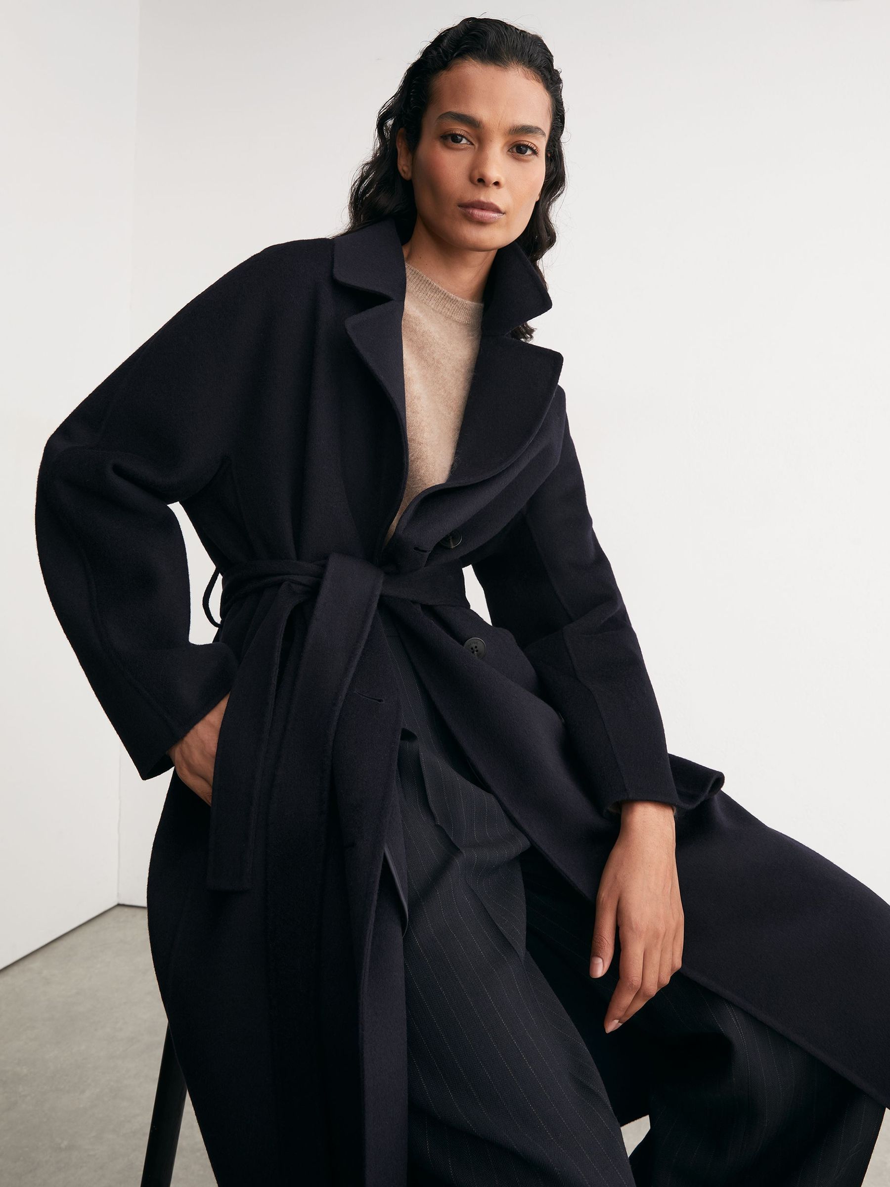 Wool-Blend Blindseam Double-Breasted Coat in Navy - Image 1 of 8