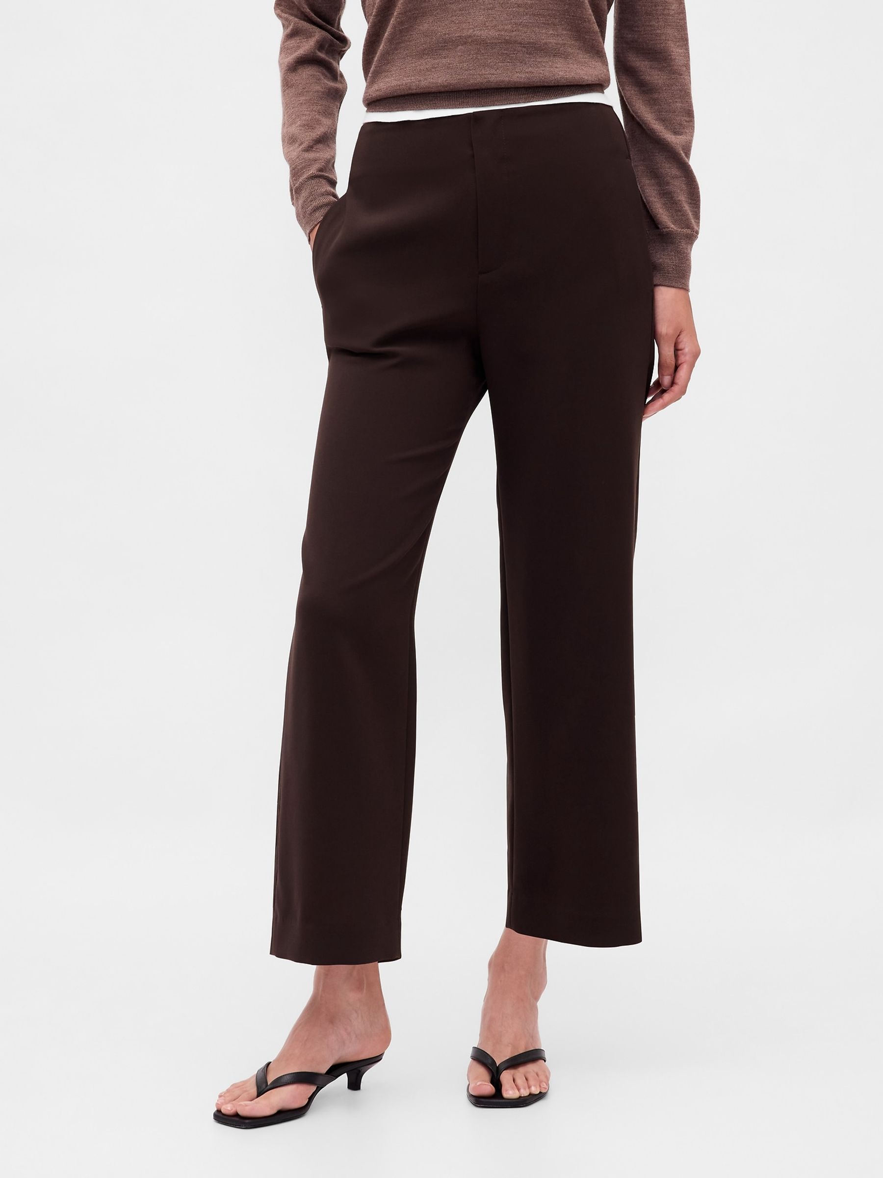 Brown High Waisted Twill Straight Ankle Trousers - Image 1 of 5 Brown High Waisted Twill Straight Ankle Trousers - Image 1 of 5