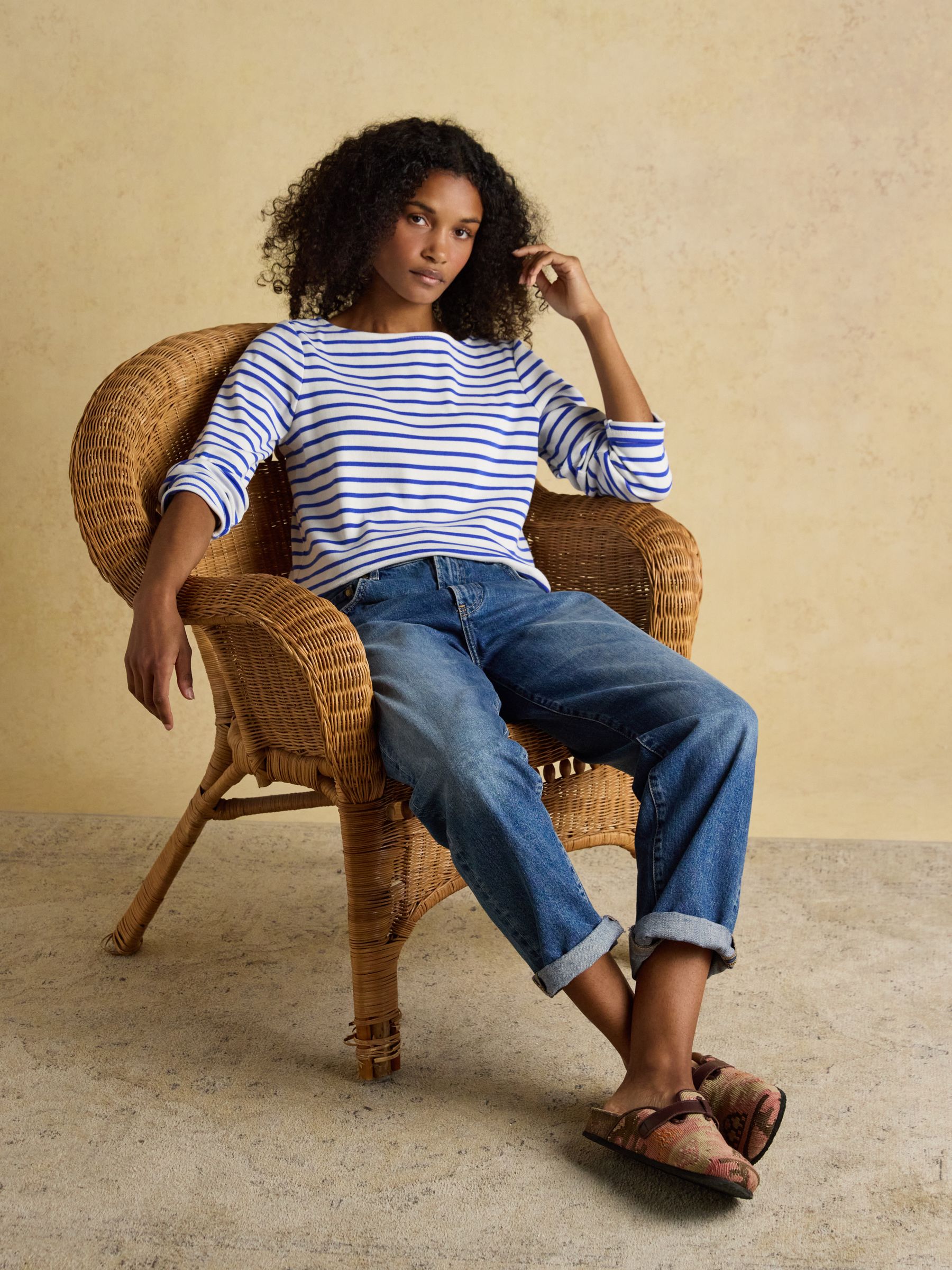 Harbour Cream/Blue Boat Neck 100% Cotton Long Sleeve Breton Top - Image 3 of 8