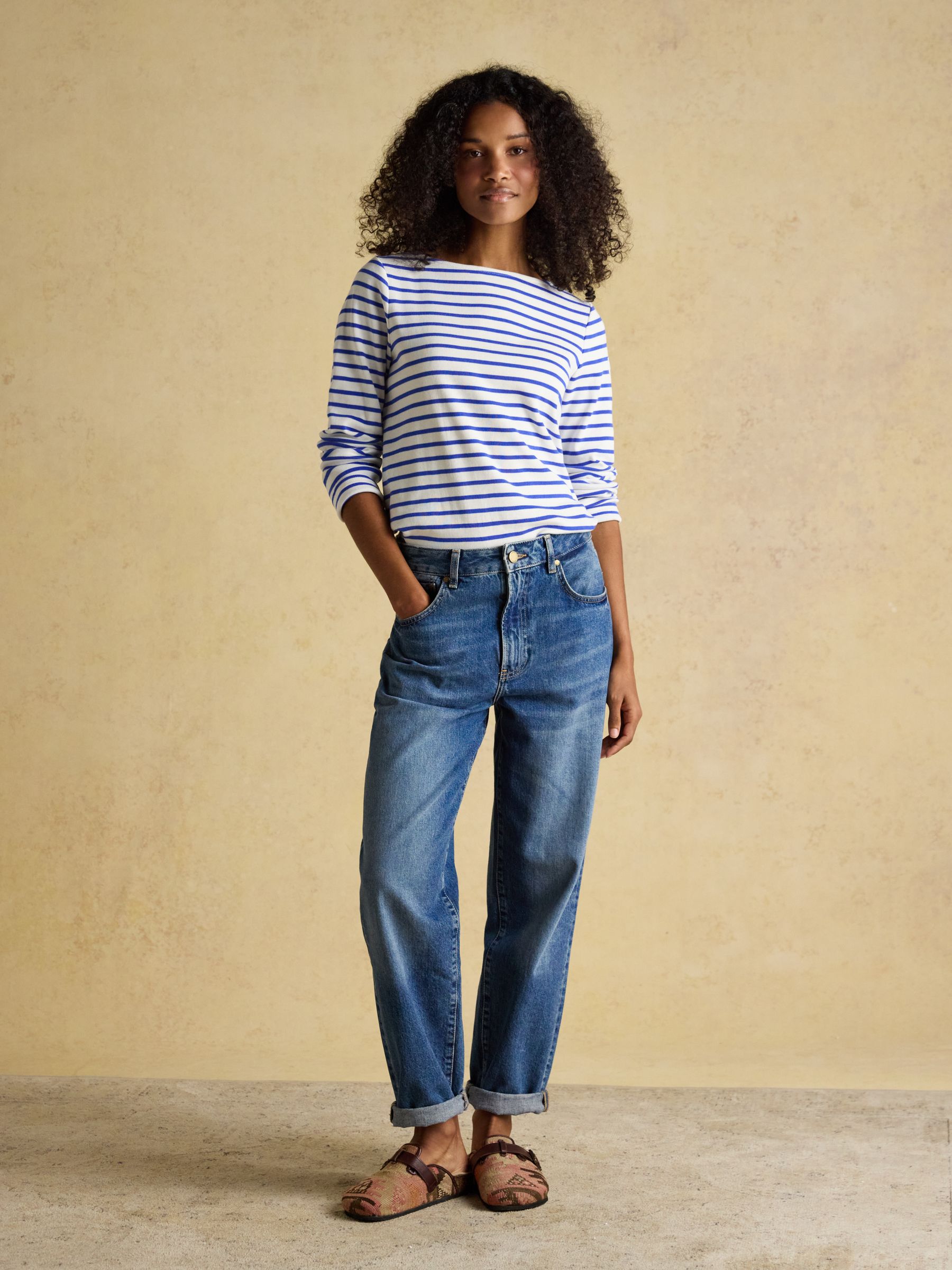 Harbour Cream/Blue Boat Neck 100% Cotton Long Sleeve Breton Top - Image 6 of 8