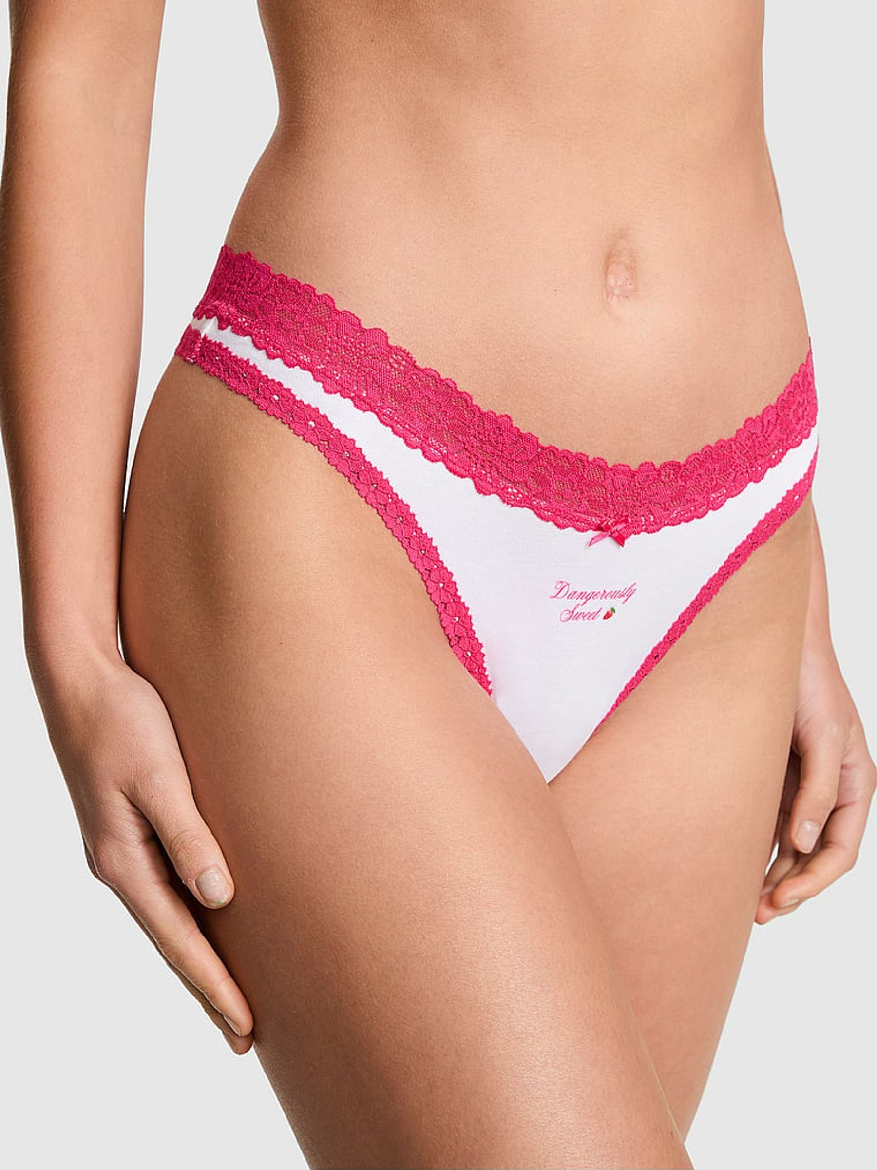 White and Pink 'Sweeter Without You' Thong Cotton Lace Trim Knickers - Image 1 of 2