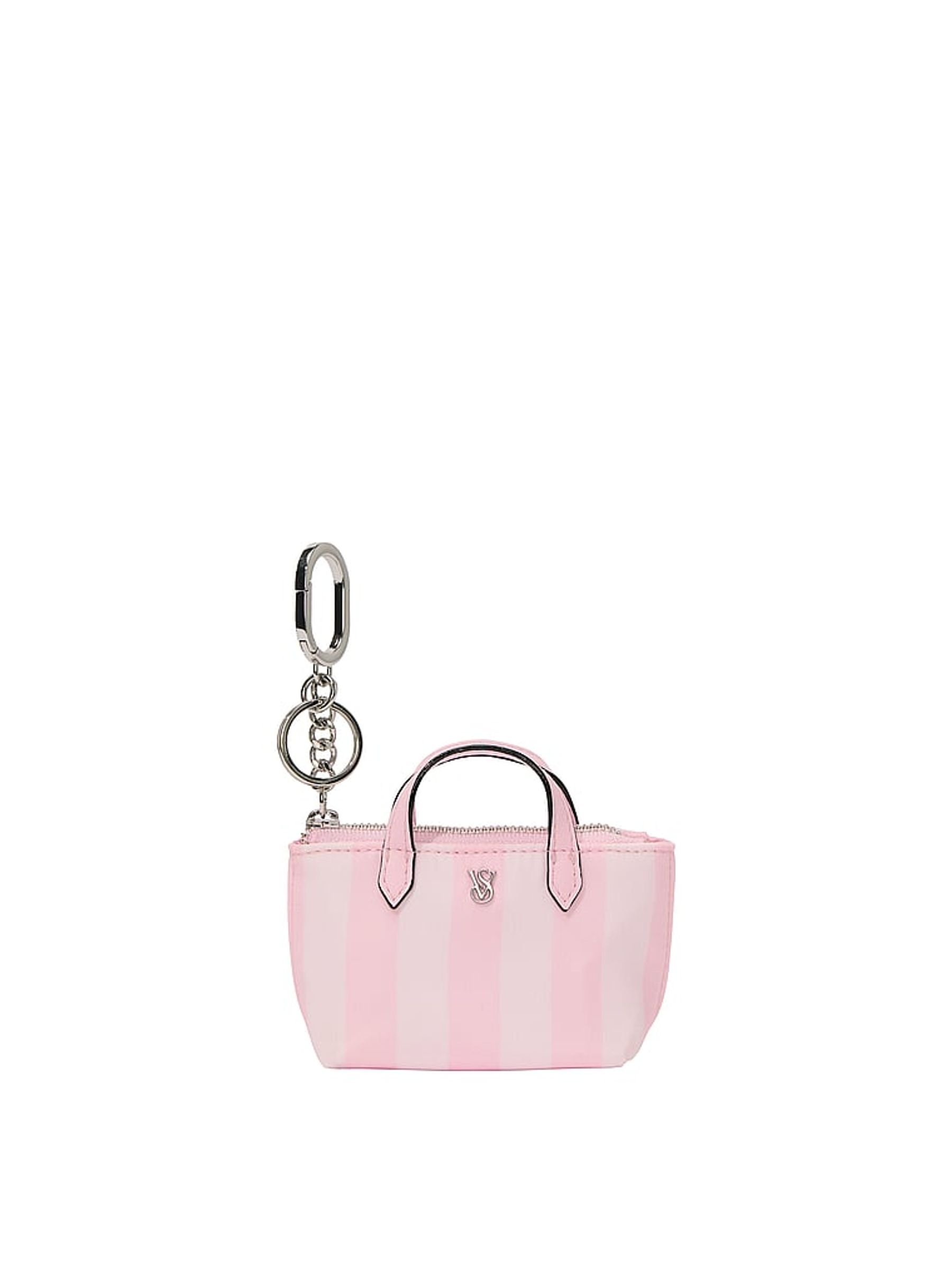 Pink Iconic Stripe Mini Travel Tote Bag Charm - Image 1 of 3 Pink Iconic Stripe Mini Travel Tote Bag Charm - Image 1 of 3