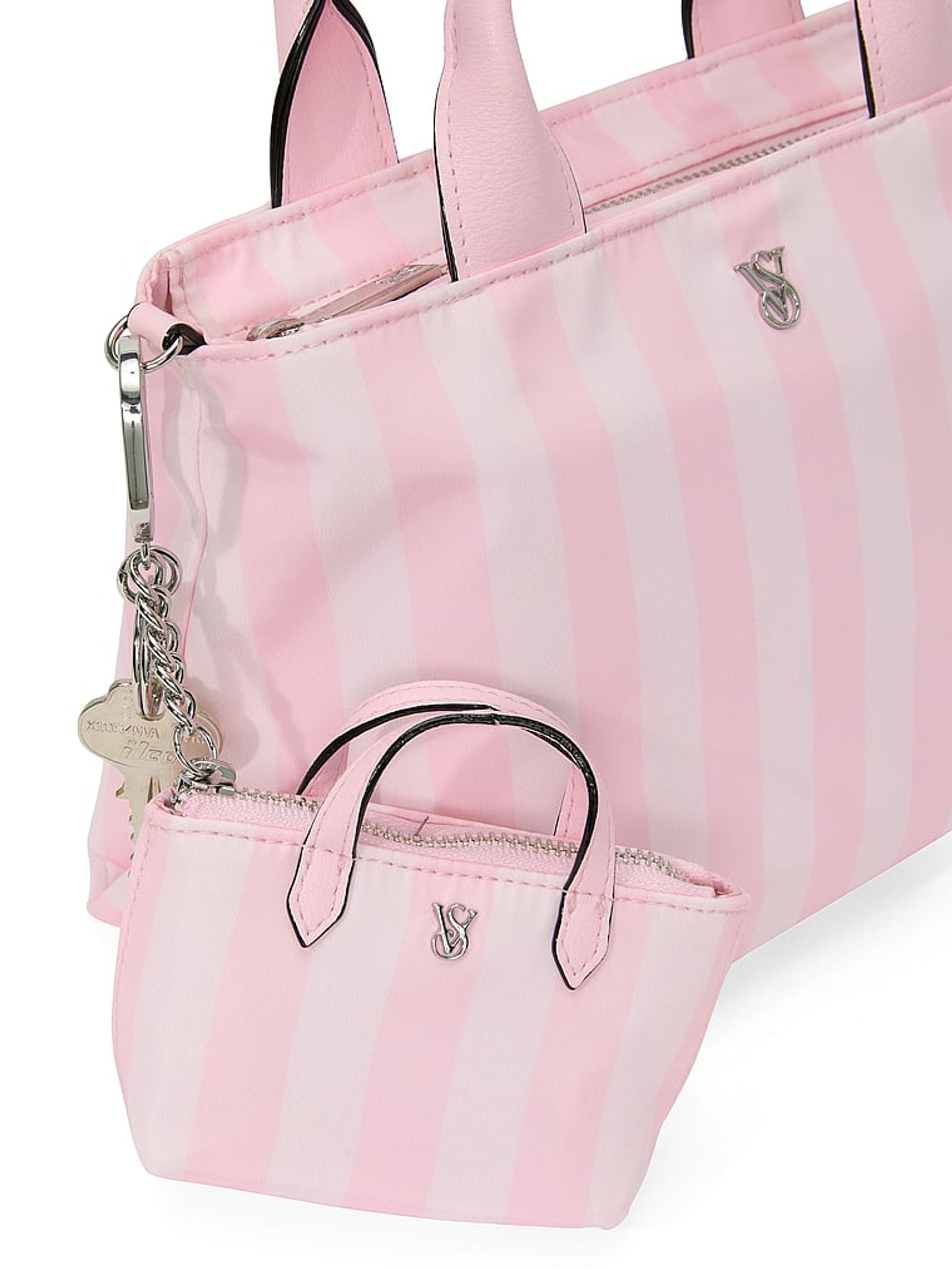 Pink Iconic Stripe Mini Travel Tote Bag Charm - Image 3 of 3 Pink Iconic Stripe Mini Travel Tote Bag Charm - Image 3 of 3