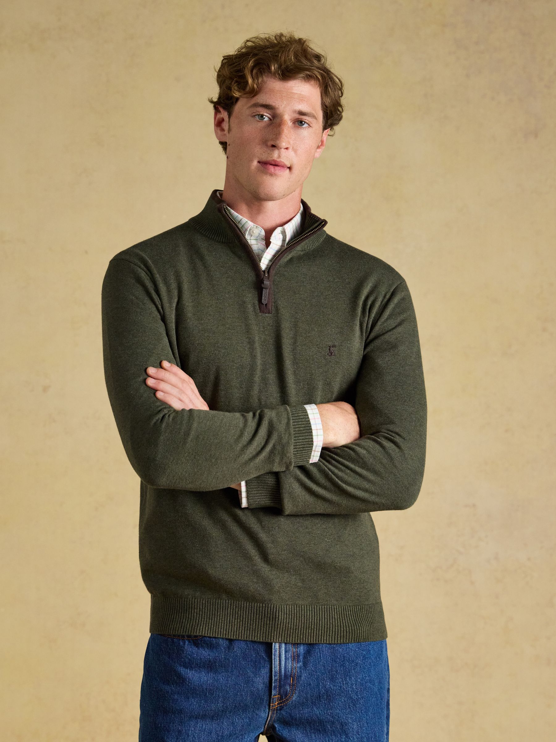 Hillside Khaki Green Quarter Zip Knitted Jumper - Image 1 of 7
