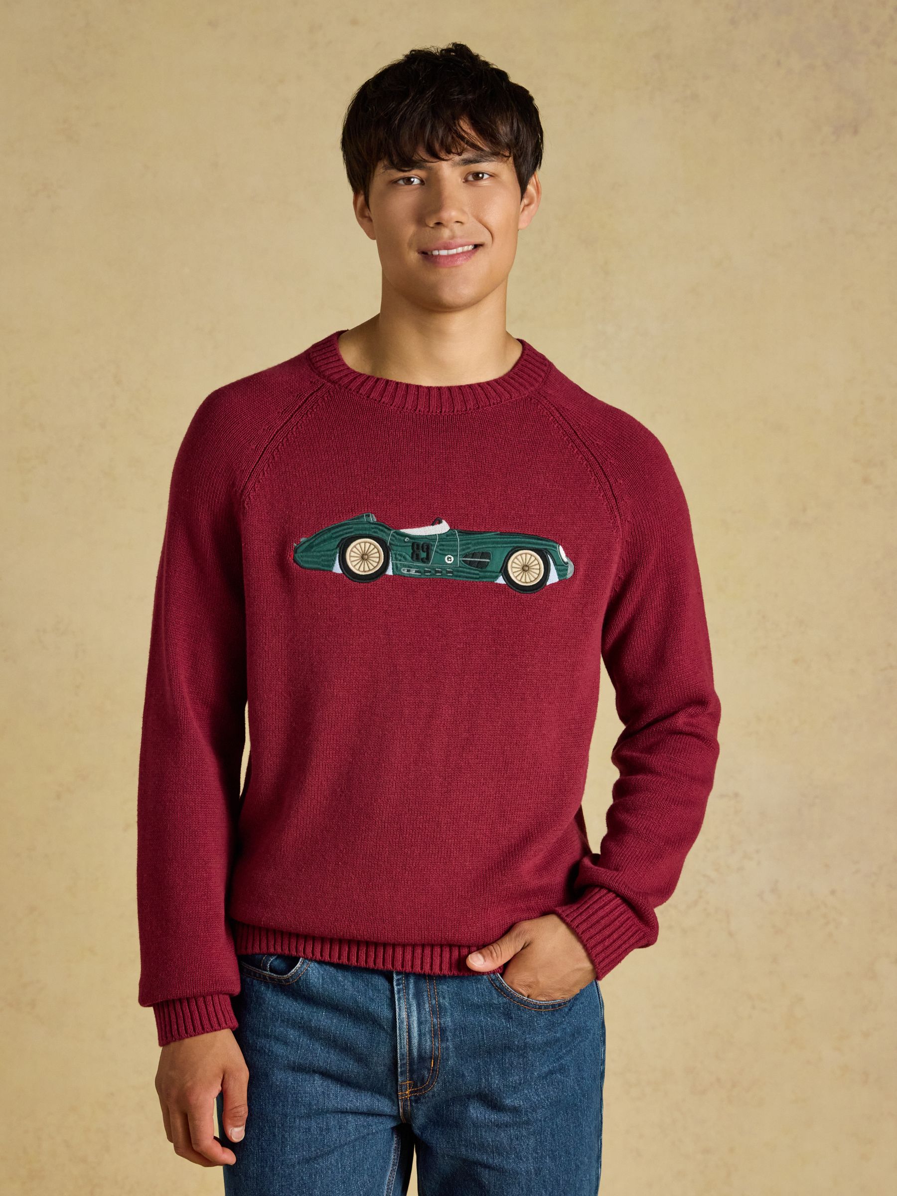 Intarsia Crew Neck Burgundy Car Jumper - Image 1 of 8