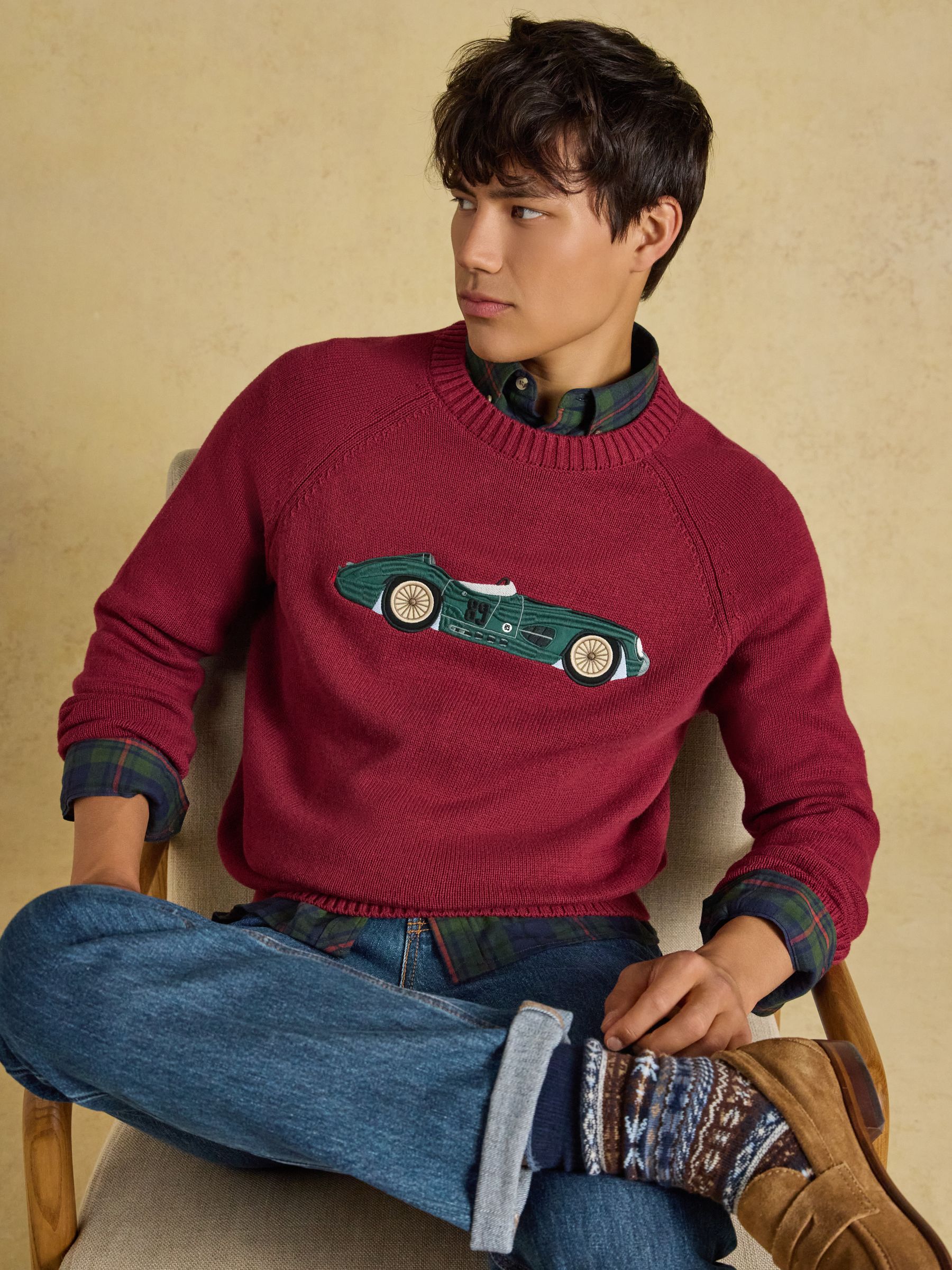 Intarsia Crew Neck Burgundy Car Jumper - Image 3 of 8