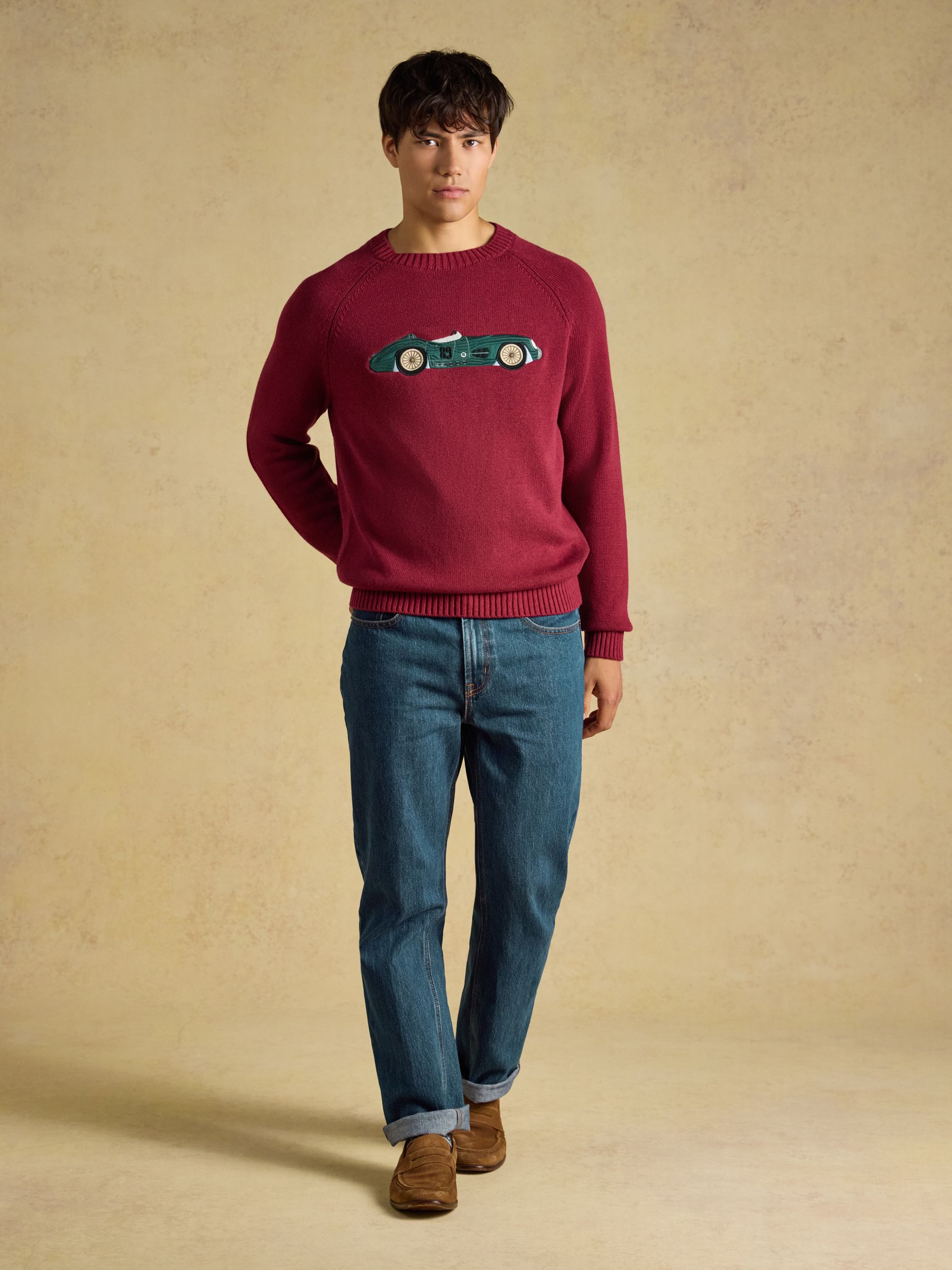 Intarsia Crew Neck Burgundy Car Jumper - Image 4 of 8