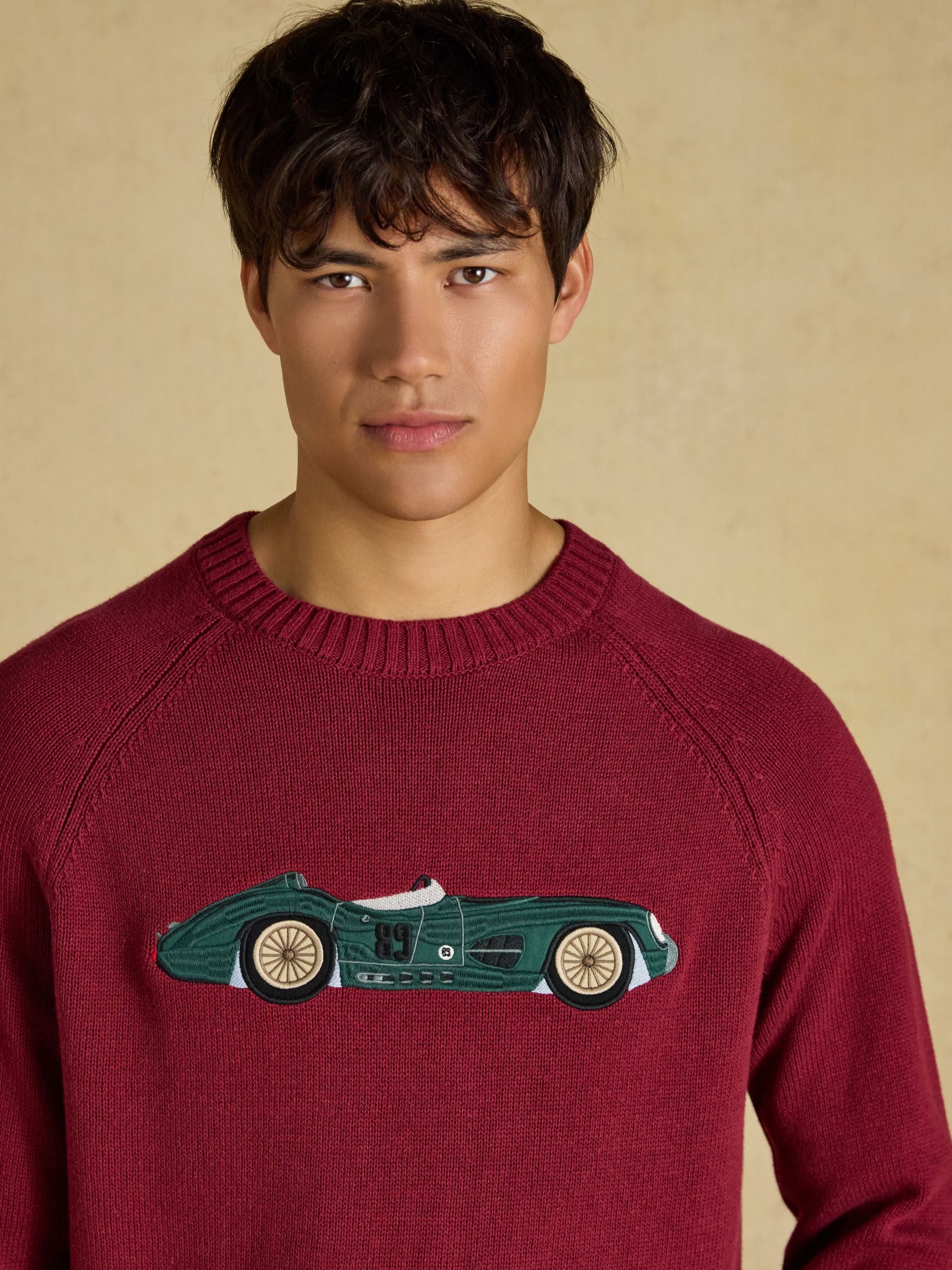 Intarsia Crew Neck Burgundy Car Jumper - Image 5 of 8