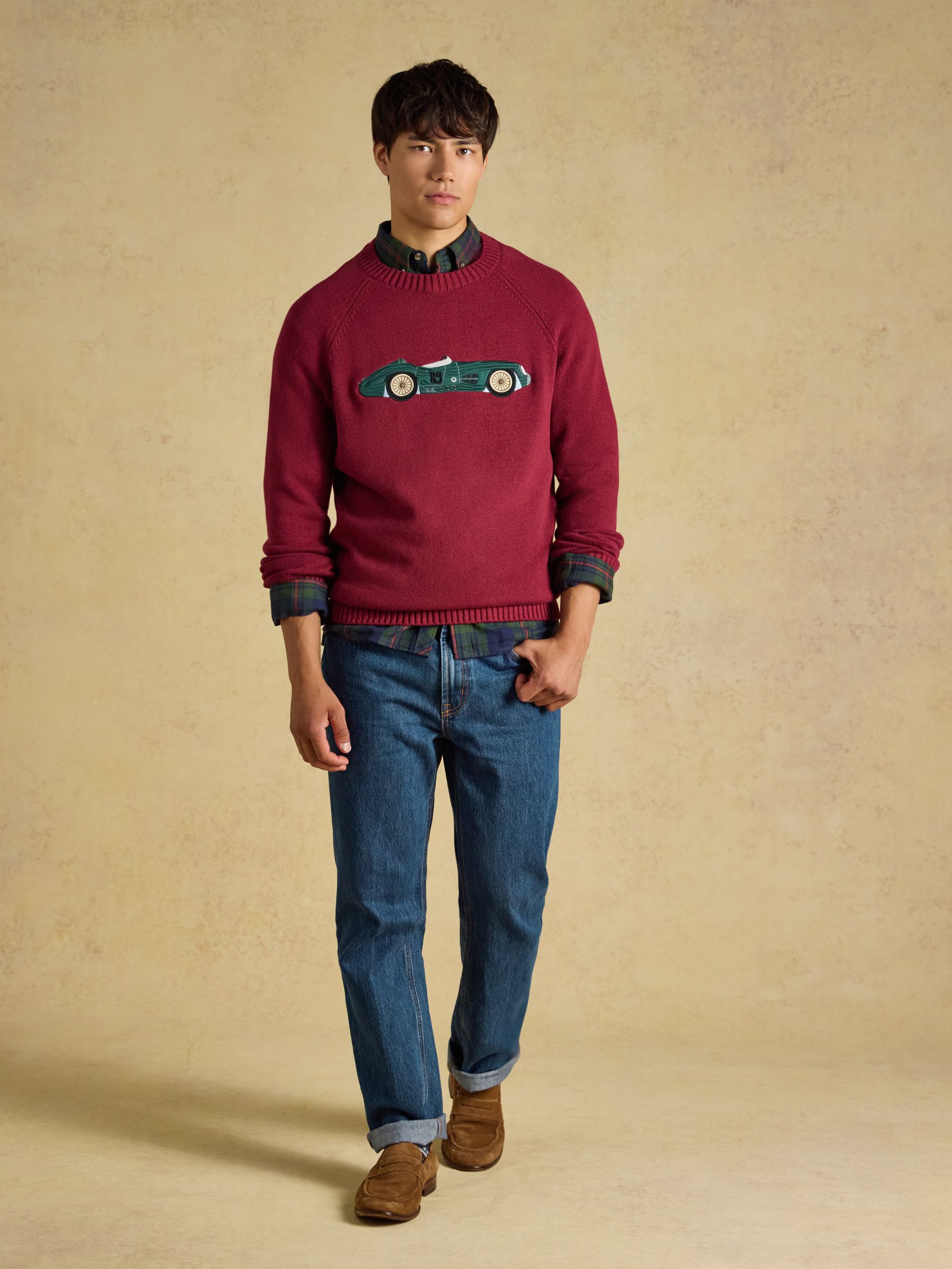 Intarsia Crew Neck Burgundy Car Jumper - Image 7 of 8