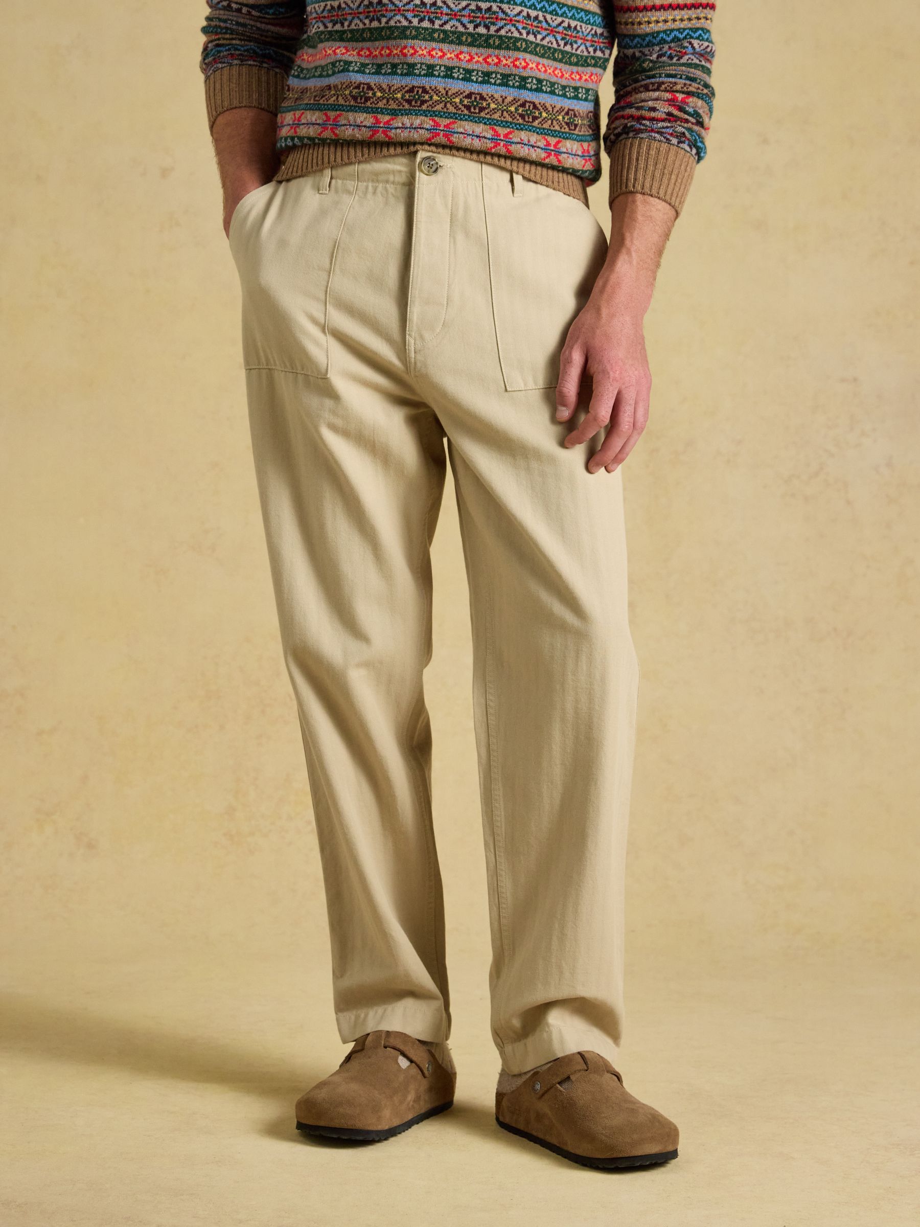 Classic Fit Stone Cotton Herringbone Utility Trousers - Image 3 of 10