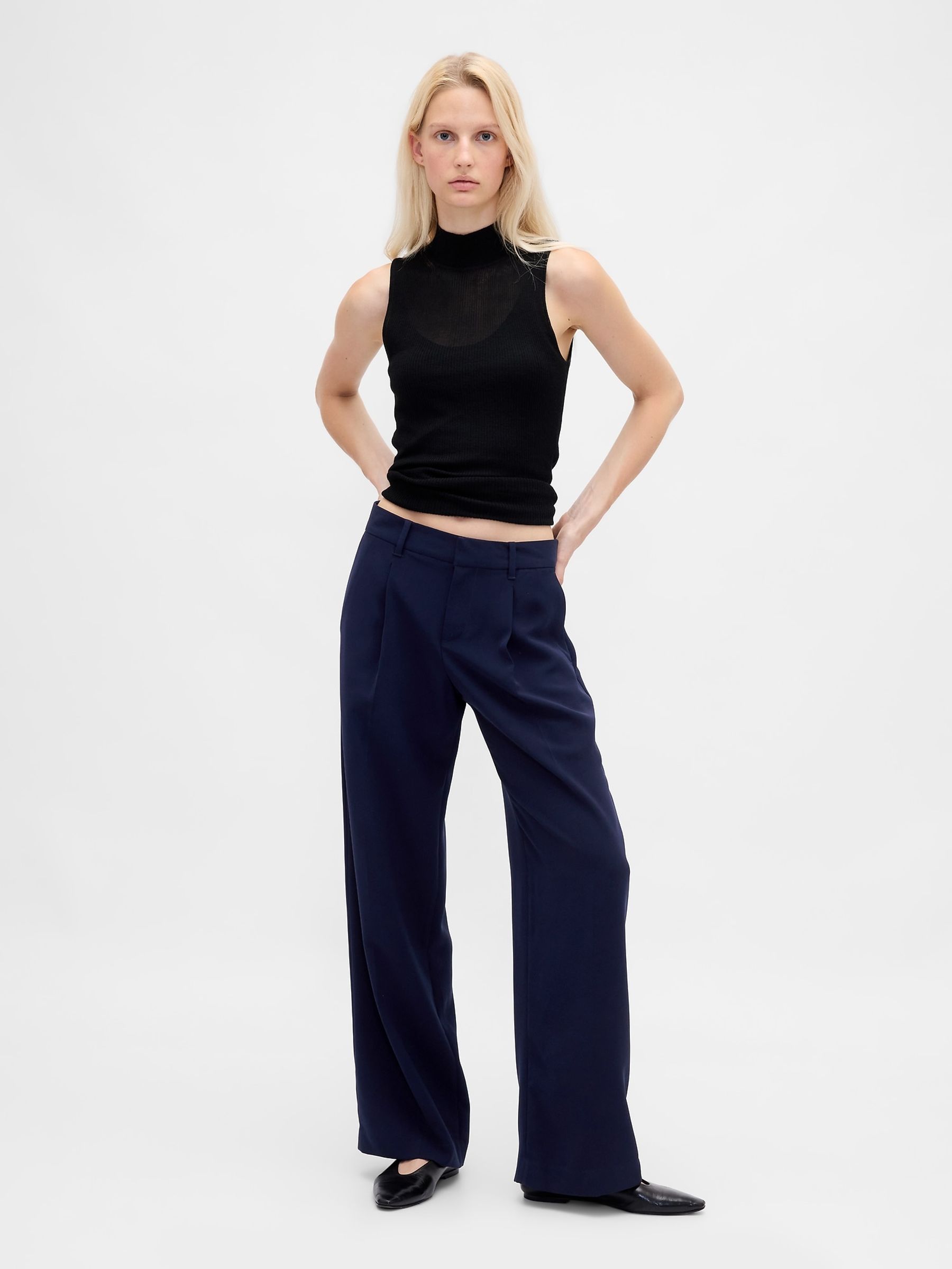Navy Blue 365 Low Waisted Pleated Wide-Leg Trousers - Image 4 of 6
