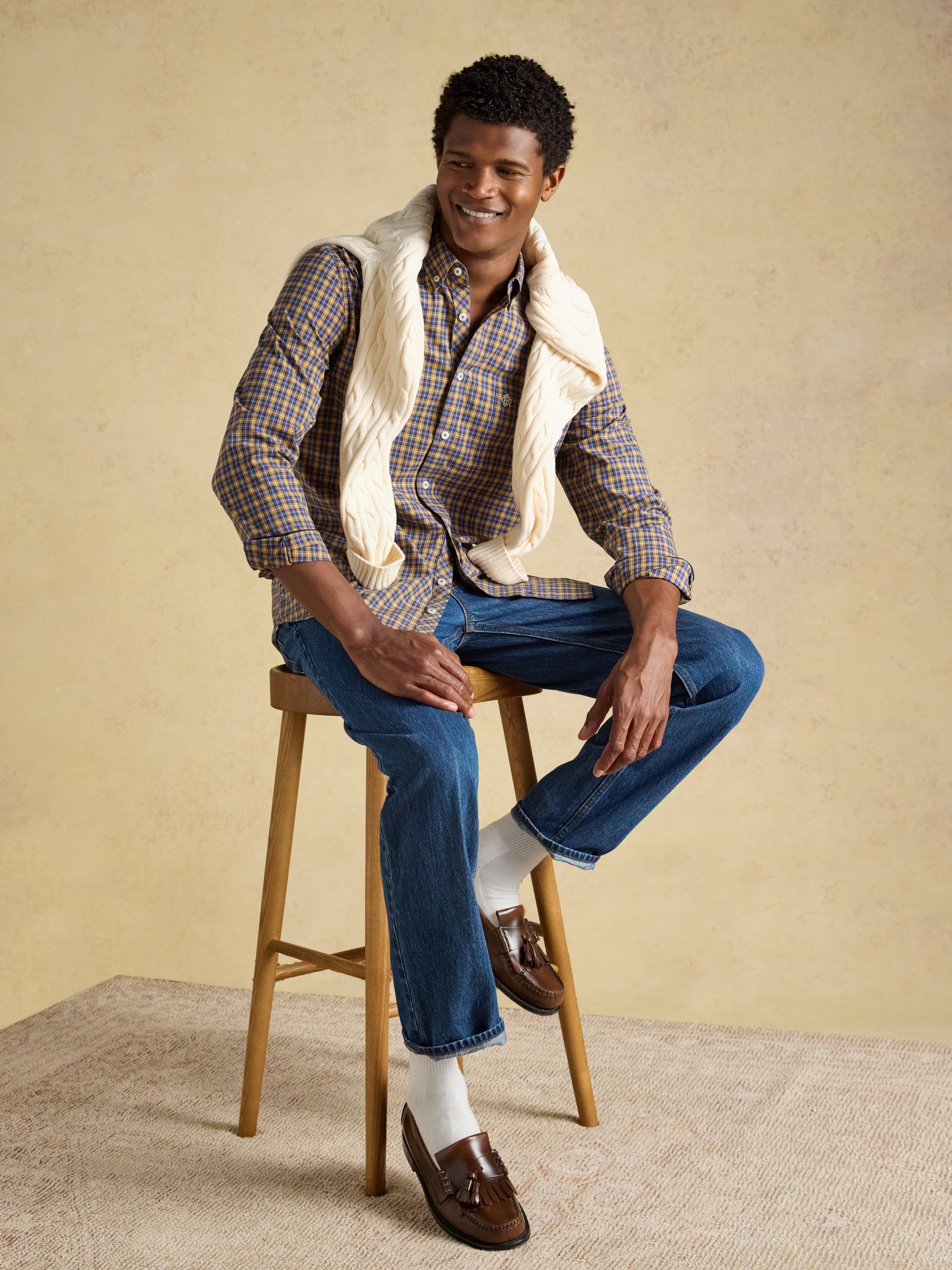 Blue & Yellow Cotton Poplin Long Sleeve Check Shirt - Image 4 of 10