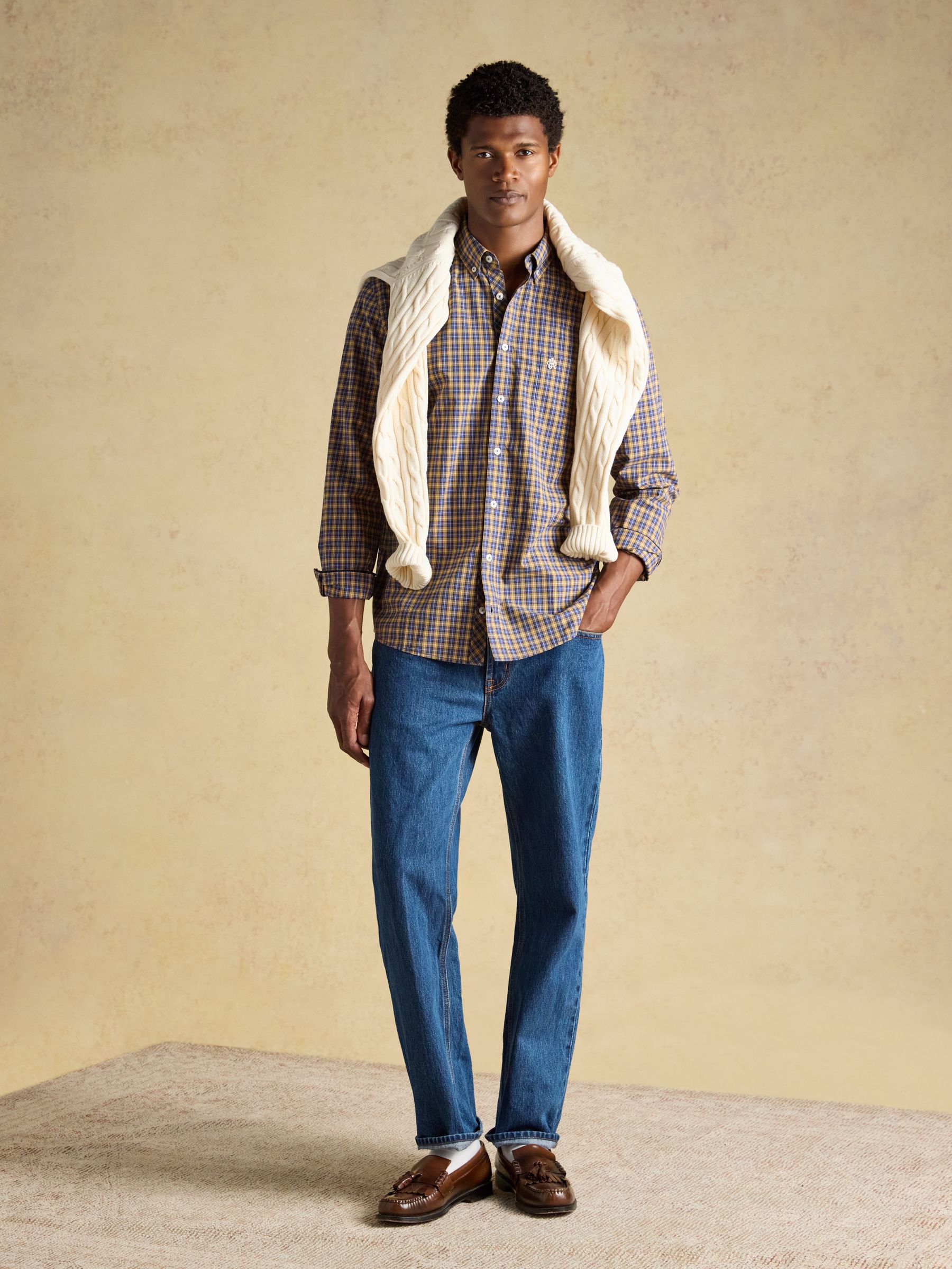 Blue & Yellow Cotton Poplin Long Sleeve Check Shirt - Image 7 of 10