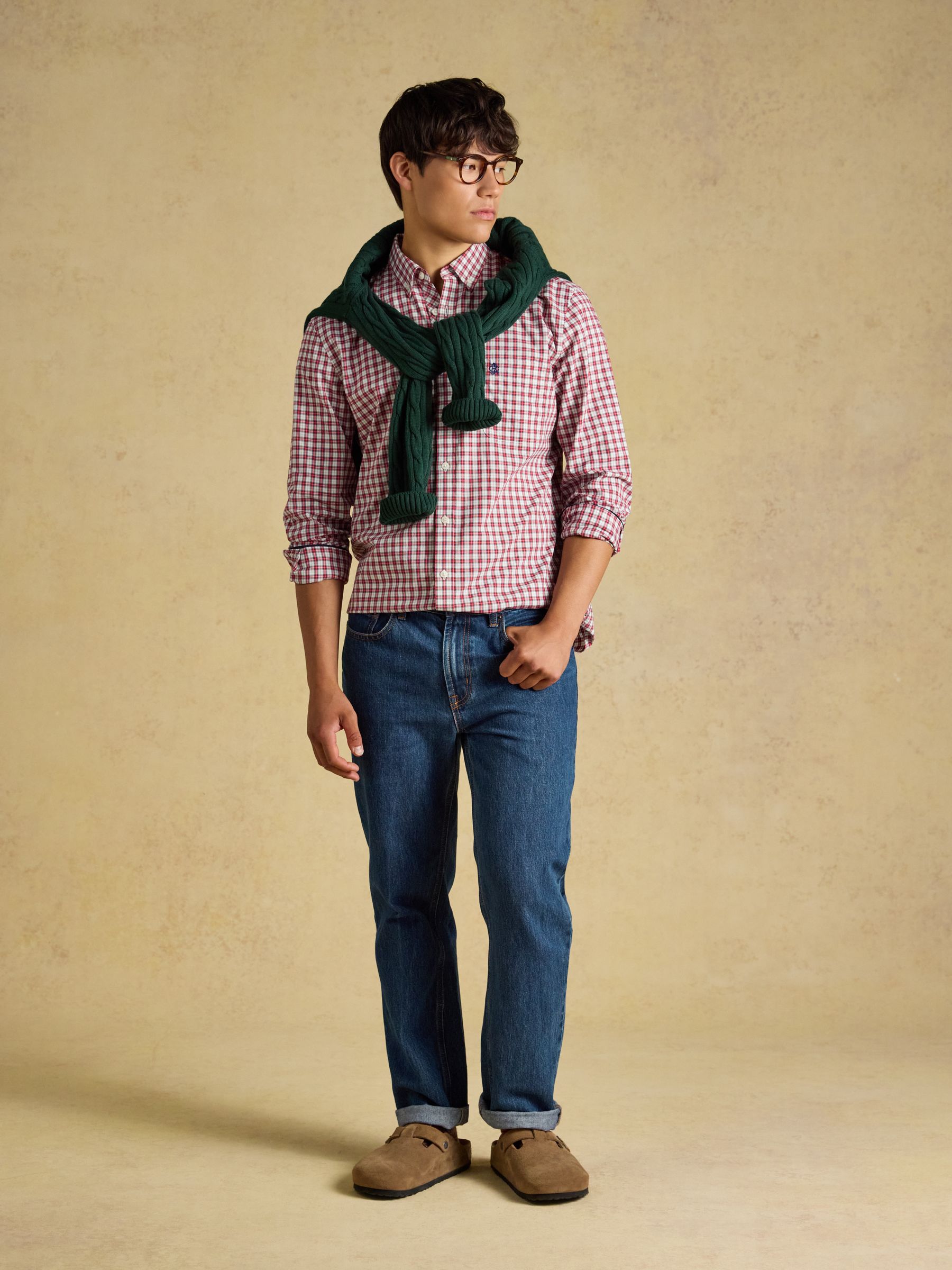 Burgundy Red Cotton Poplin Long Sleeve Check Shirt - Image 5 of 9
