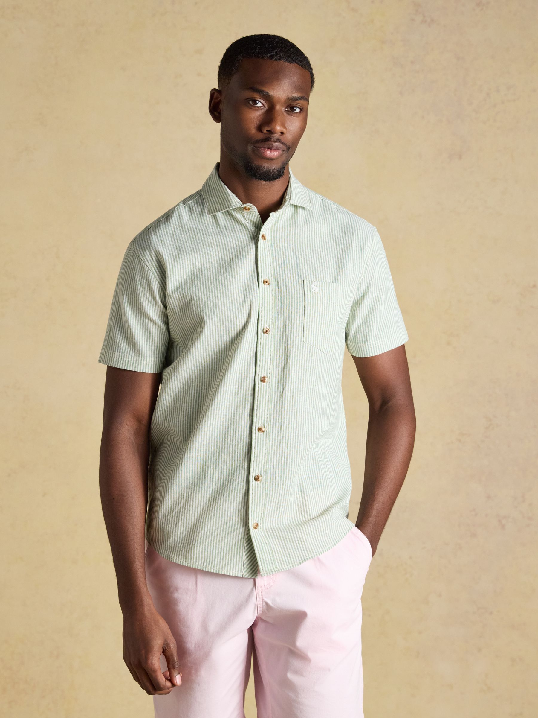 Green & White Striped Linen Blend Short Sleeve Shirt - Image 1 of 8