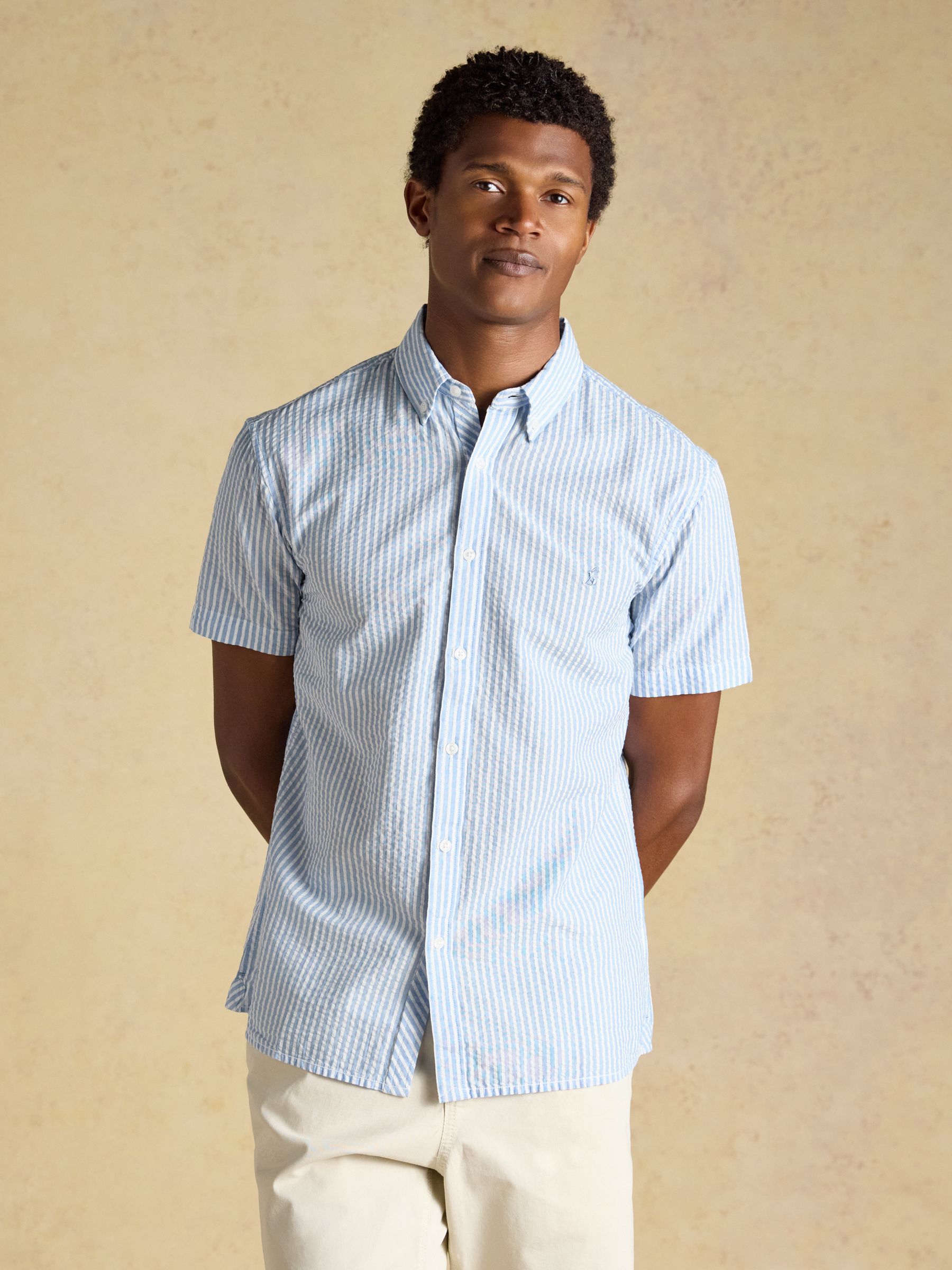 Seersucker Blue & White Striped Short Sleeve Classic Fit Cotton Shirt - Image 1 of 7 Seersucker Blue & White Striped Short Sleeve Classic Fit Cotton Shirt - Image 1 of 7