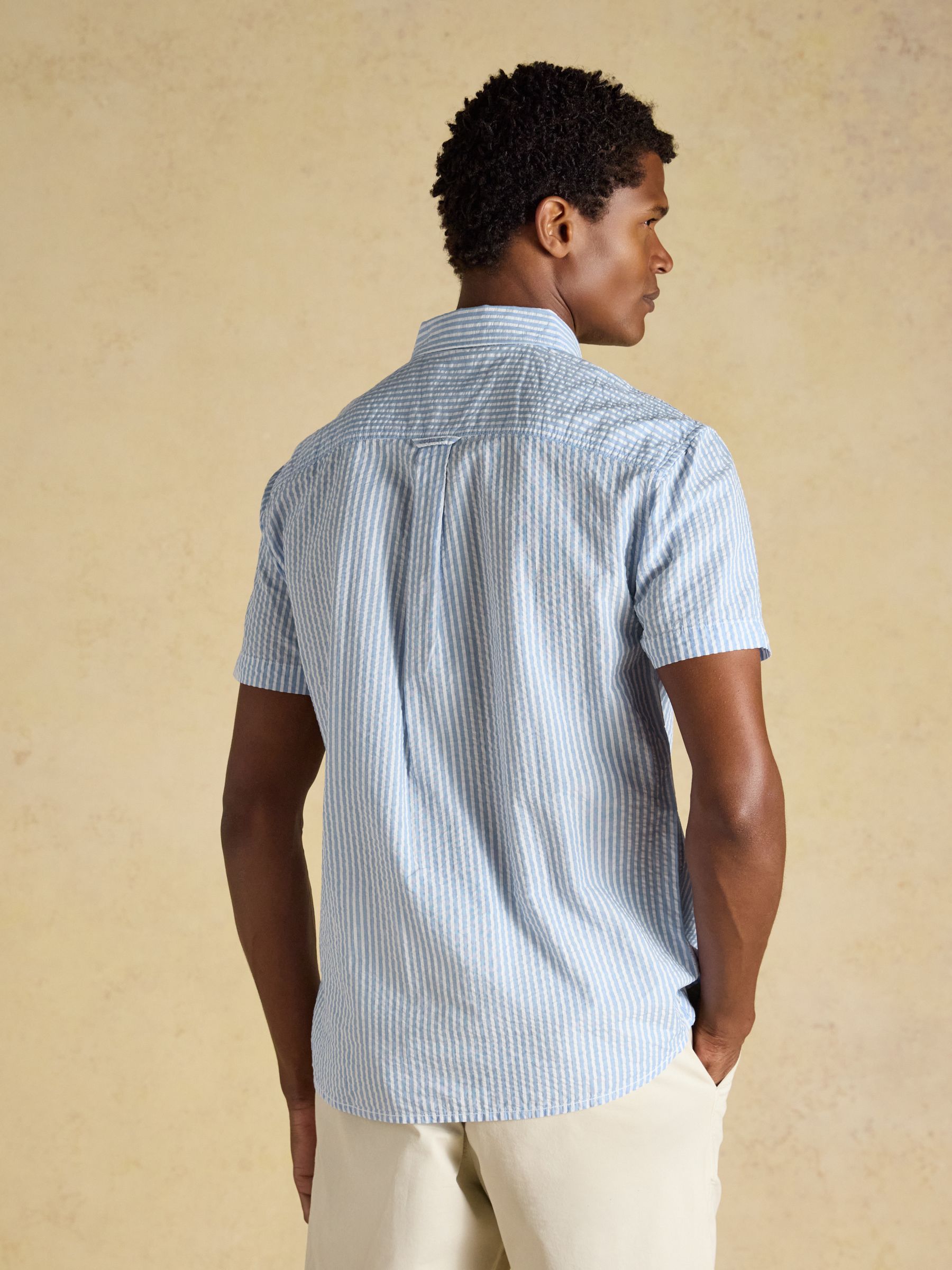 Seersucker Blue & White Striped Short Sleeve Classic Fit Cotton Shirt - Image 2 of 7