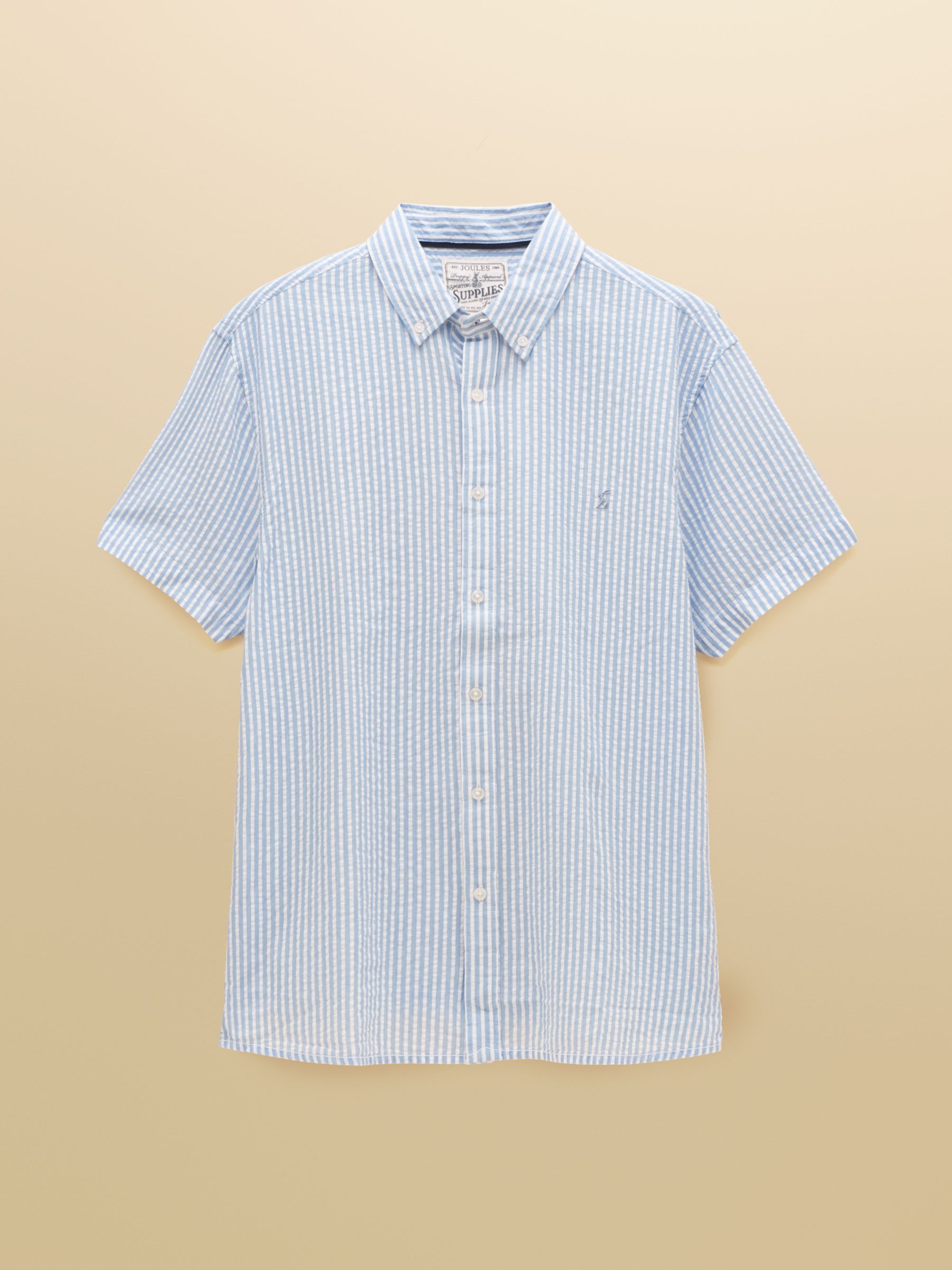 Seersucker Blue & White Striped Short Sleeve Classic Fit Cotton Shirt - Image 9 of 9