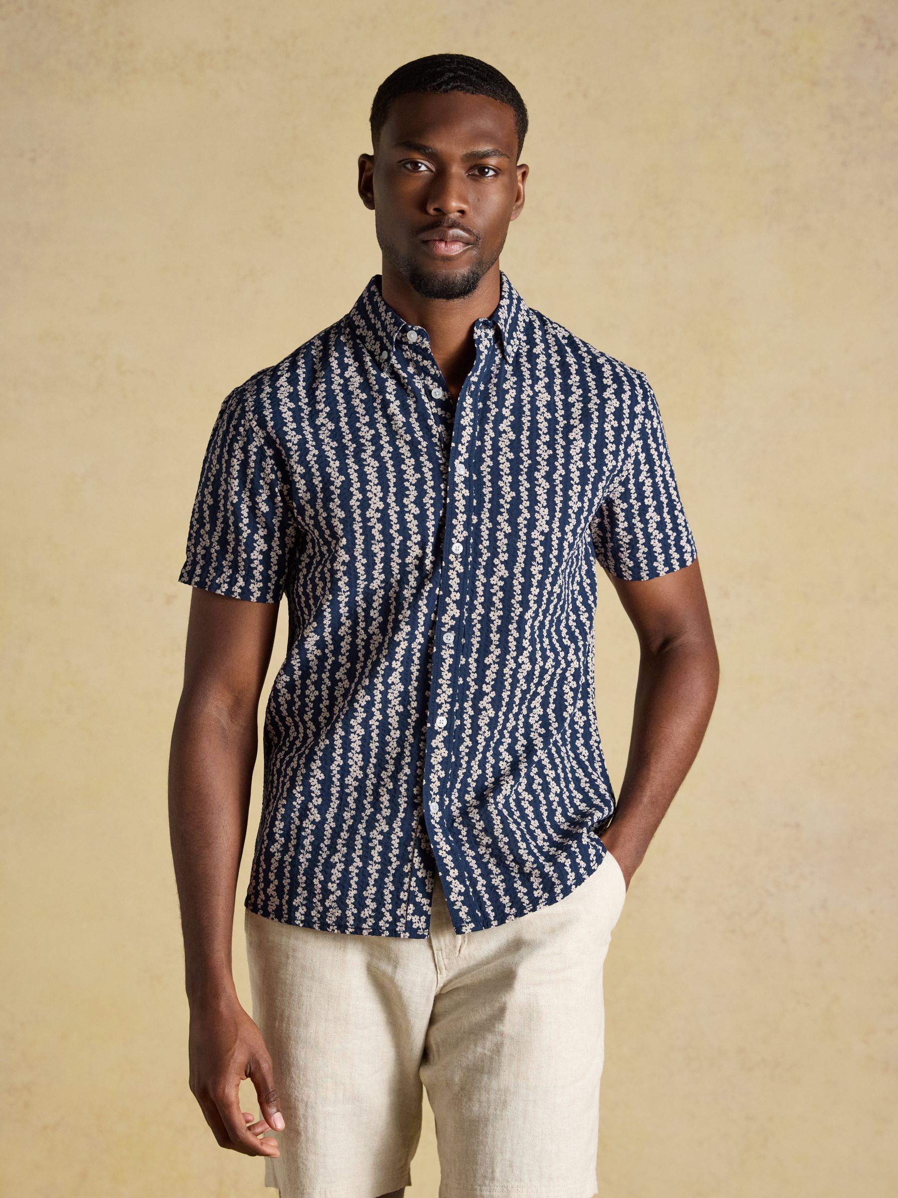 Seersucker Navy Short Sleeve Classic Fit Cotton Shirt - Image 1 of 9