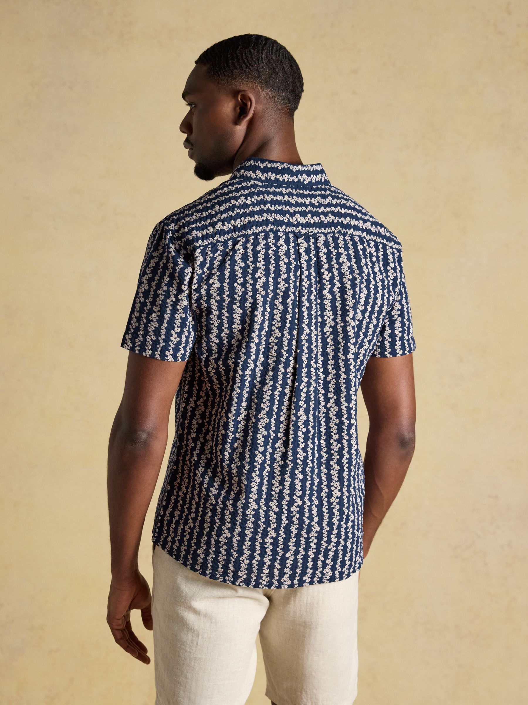 Seersucker Navy Short Sleeve Classic Fit Cotton Shirt - Image 3 of 9