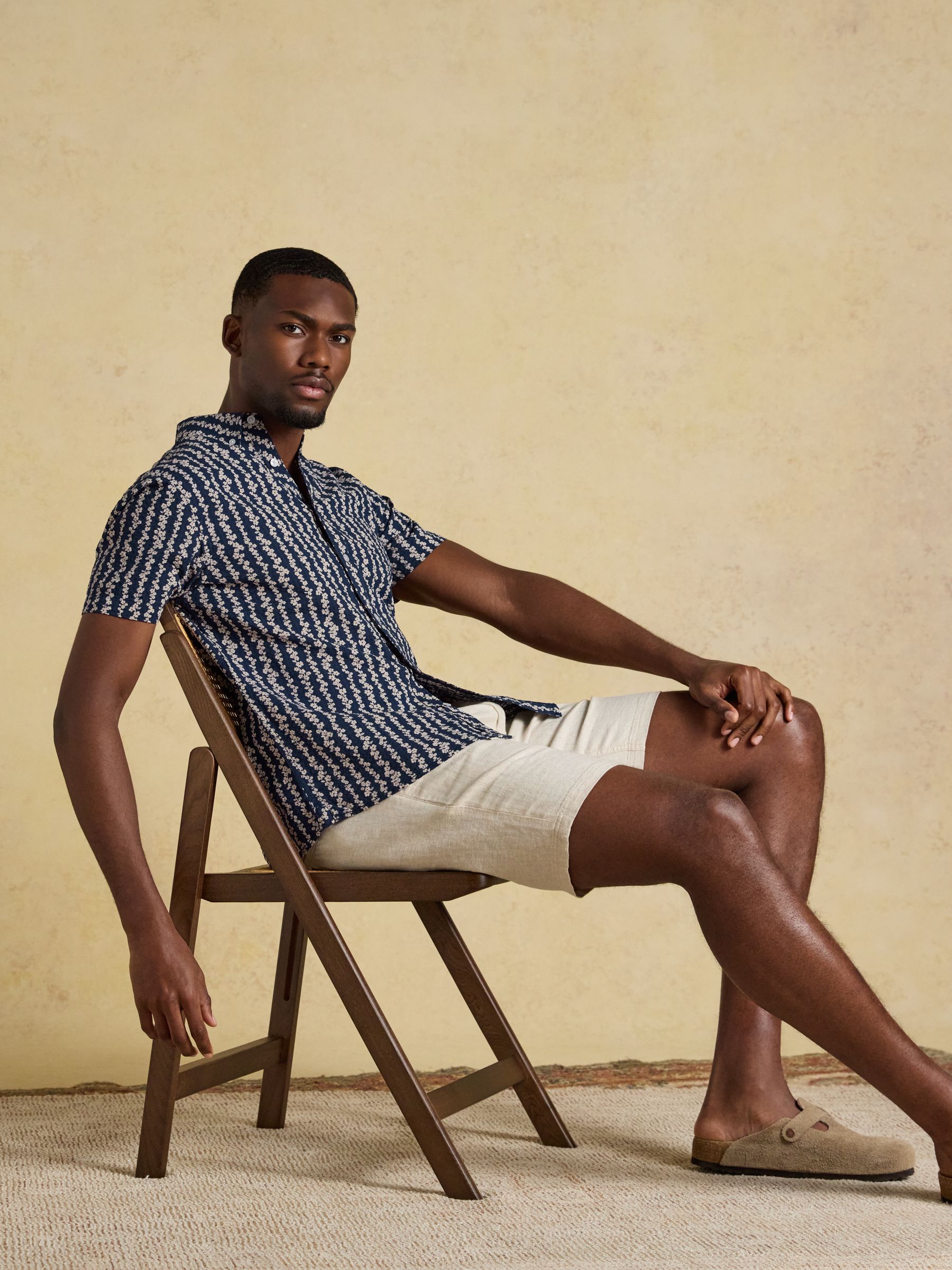 Seersucker Navy Short Sleeve Classic Fit Cotton Shirt - Image 4 of 9