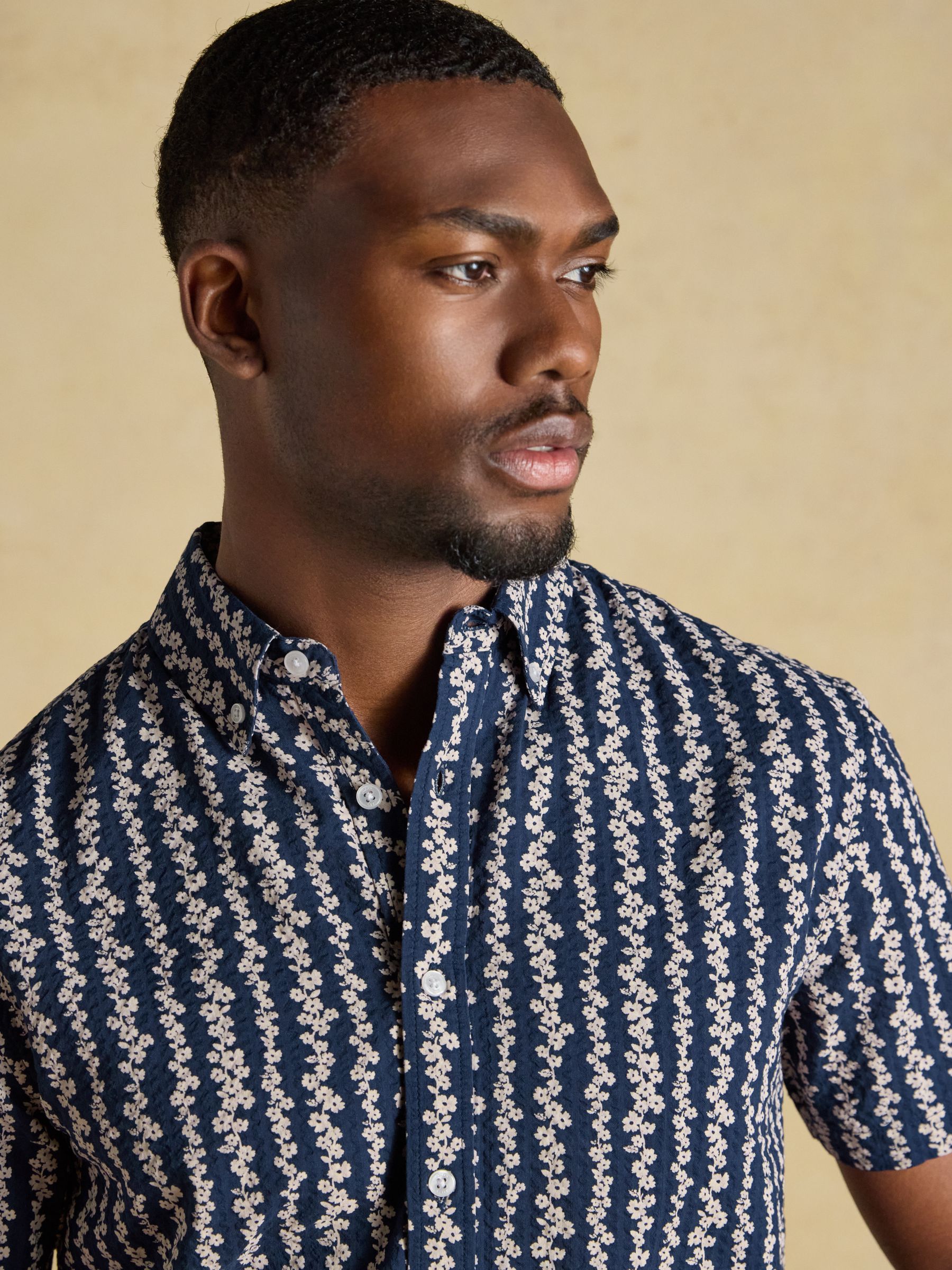 Seersucker Navy Short Sleeve Classic Fit Cotton Shirt - Image 5 of 9