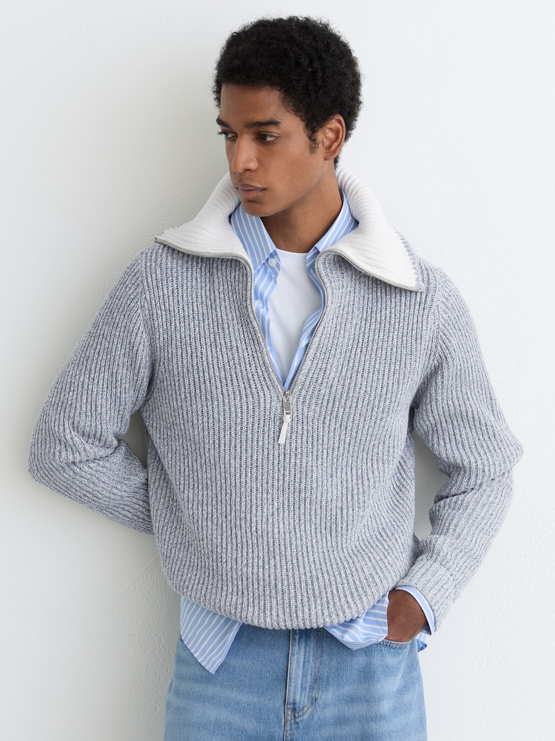 Cotton-Blend Rib-Knit Half-Zip Jumper in Soft Blue Twist - Image 4 of 6