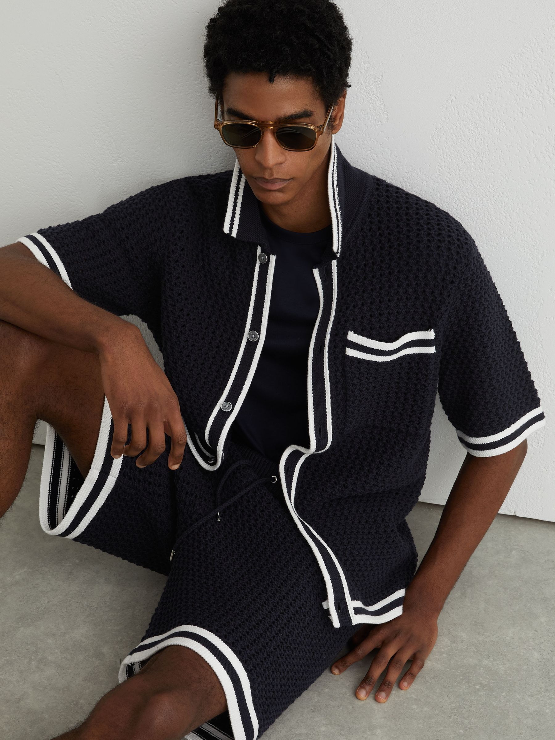 Cotton Crochet Button-Through Shirt in Navy - Image 1 of 7