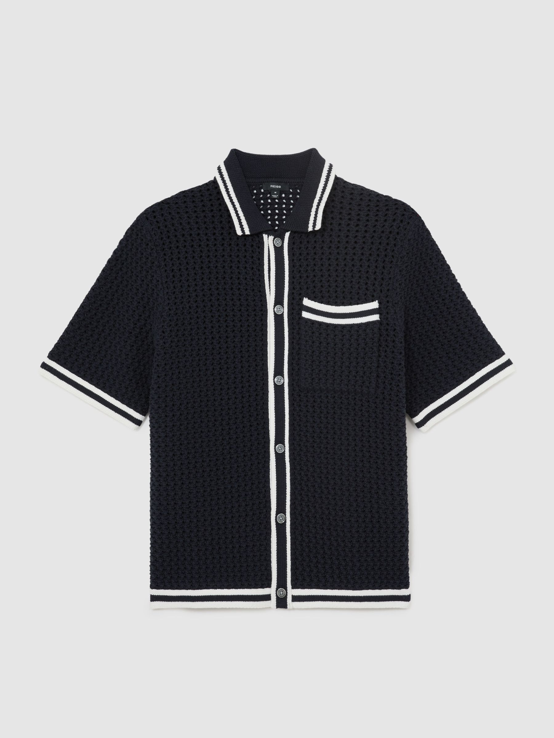 Cotton Crochet Button-Through Shirt in Navy