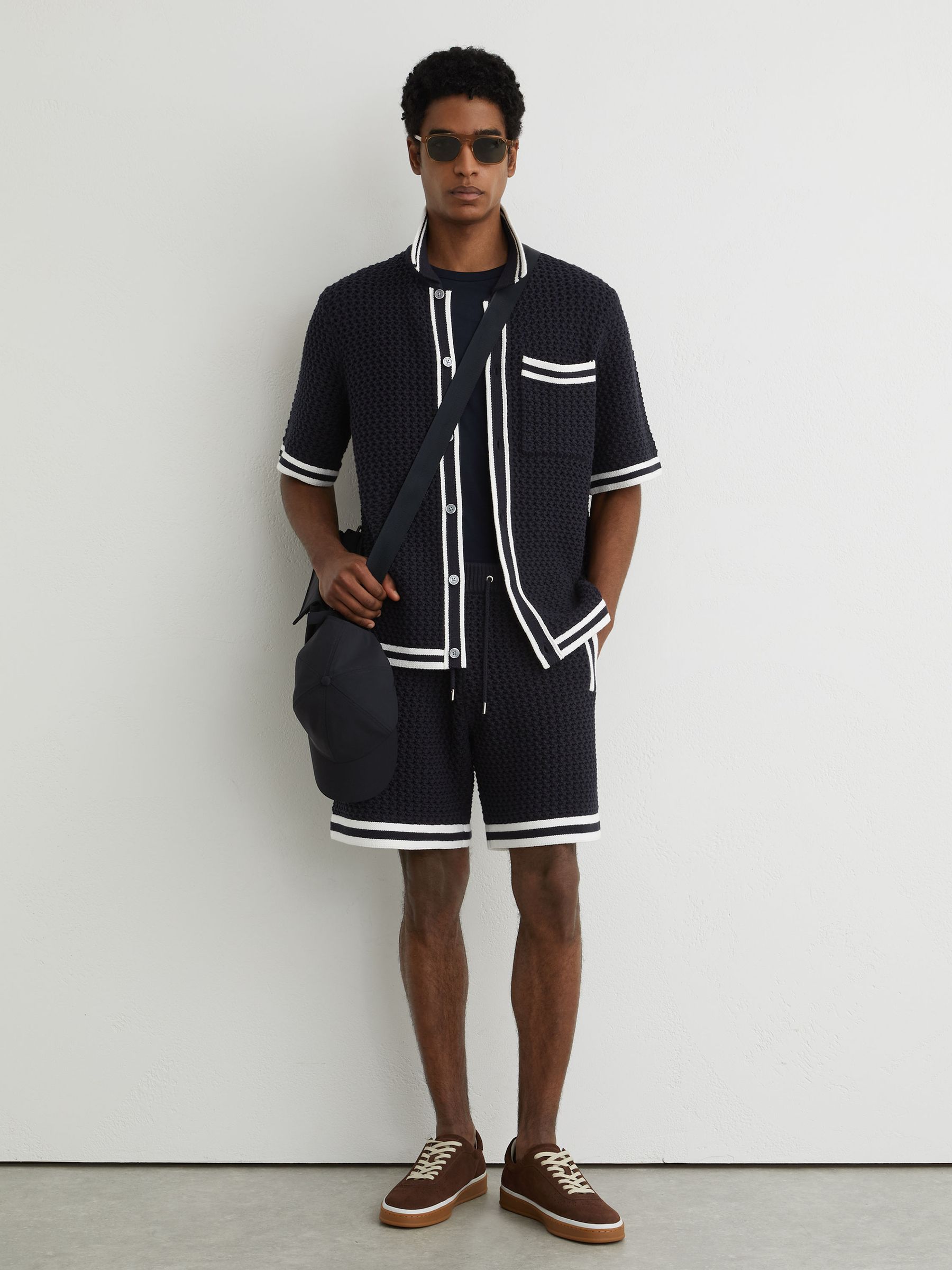 Cotton Crochet Button-Through Shirt in Navy - Image 3 of 7