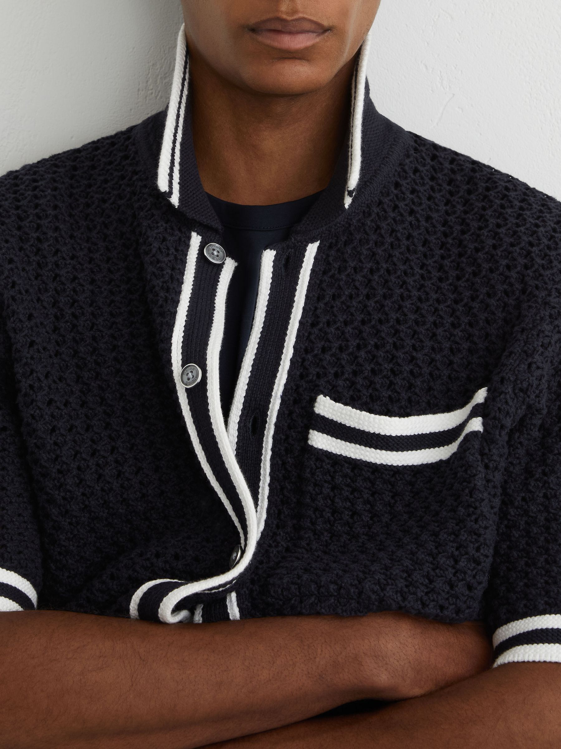 Cotton Crochet Button-Through Shirt in Navy - Image 4 of 7