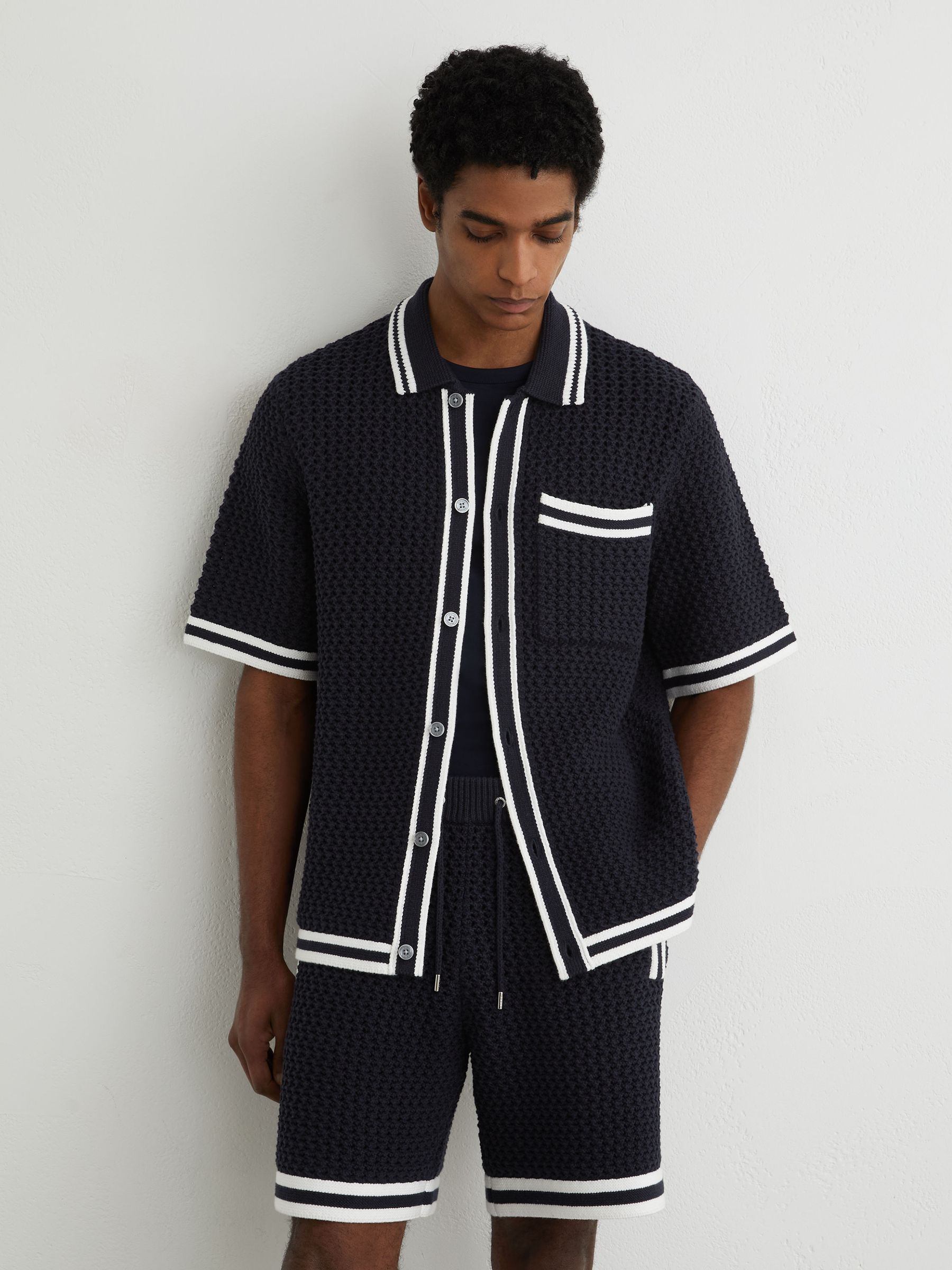 Cotton Crochet Button-Through Shirt in Navy - Image 5 of 7