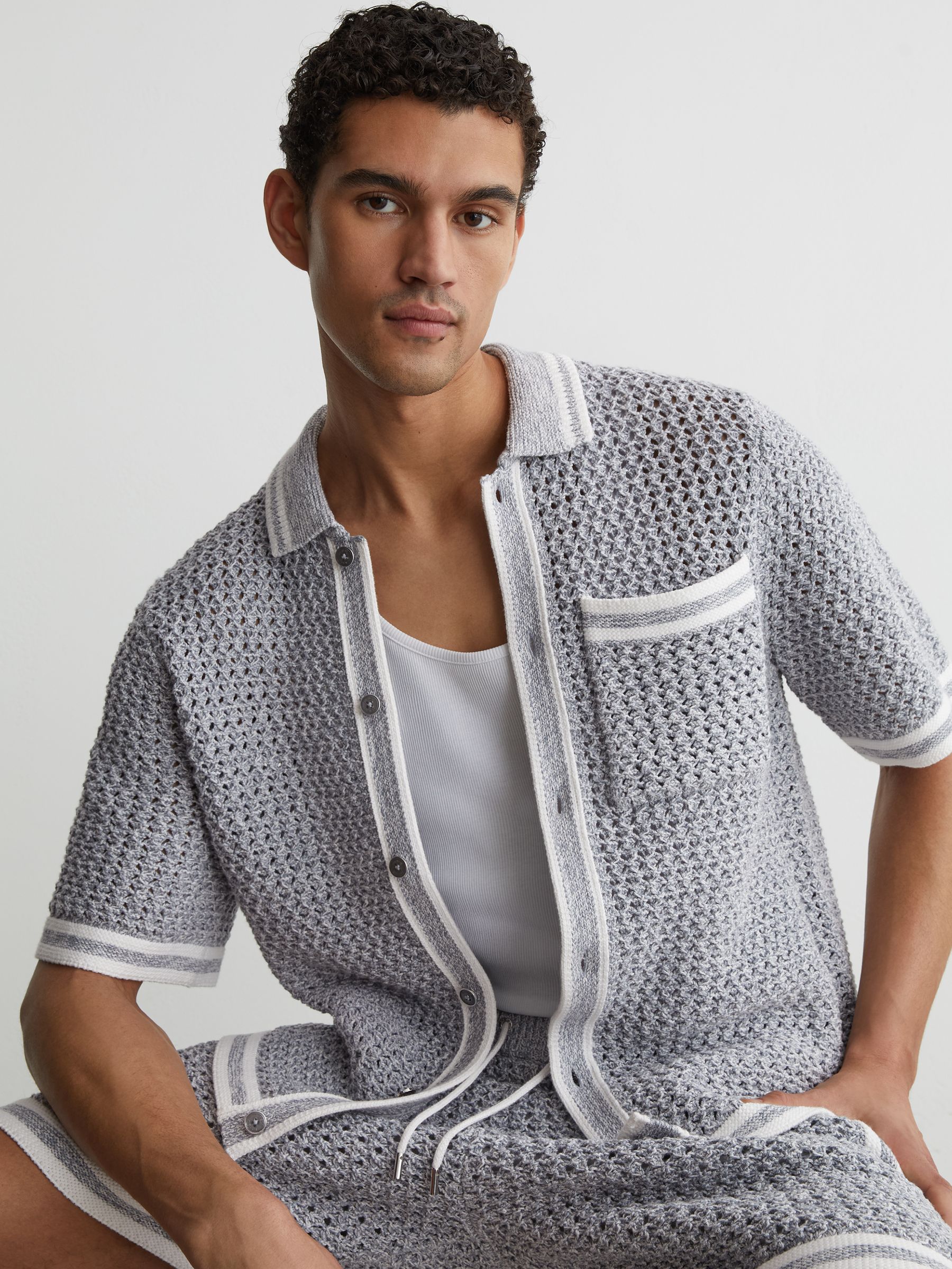Cotton Crochet Button-Through Shirt in Soft Blue - image 2