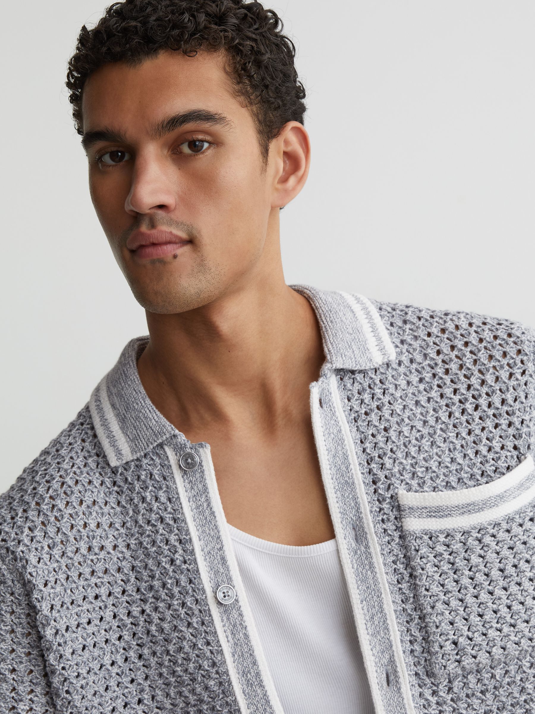 Cotton Crochet Button-Through Shirt in Soft Blue - Image 6 of 7