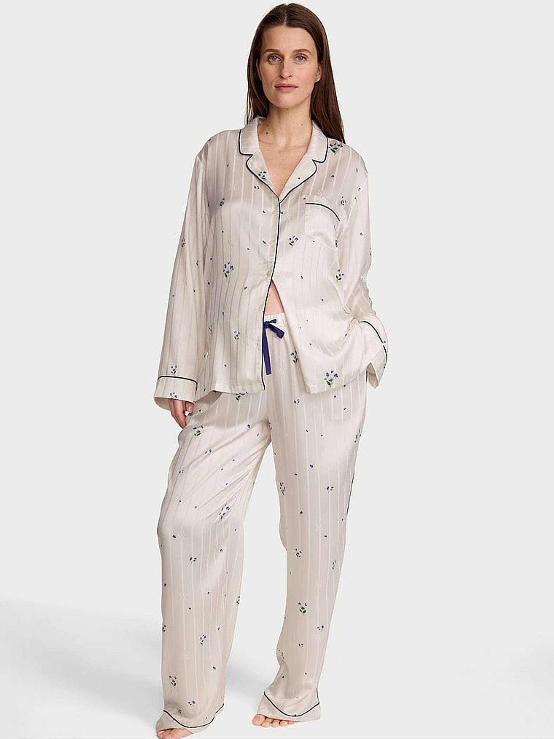 White & Celestial Blue Ditsy Floral Satin Long Pyjamas Set - Image 1 of 2