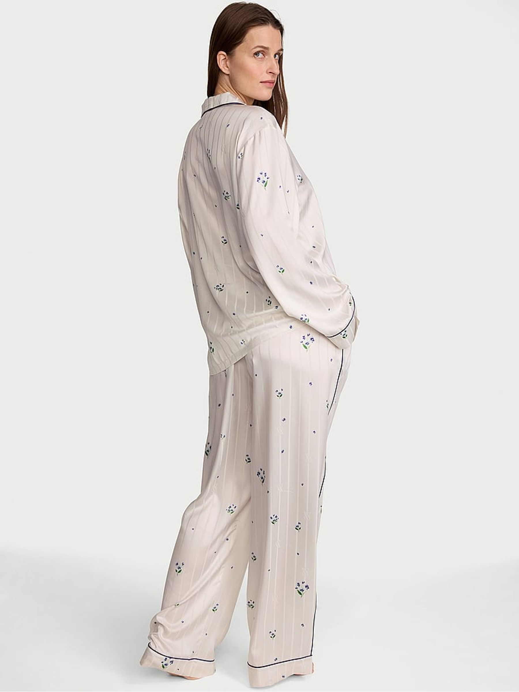White & Celestial Blue Ditsy Floral Satin Long Pyjamas Set - Image 2 of 2
