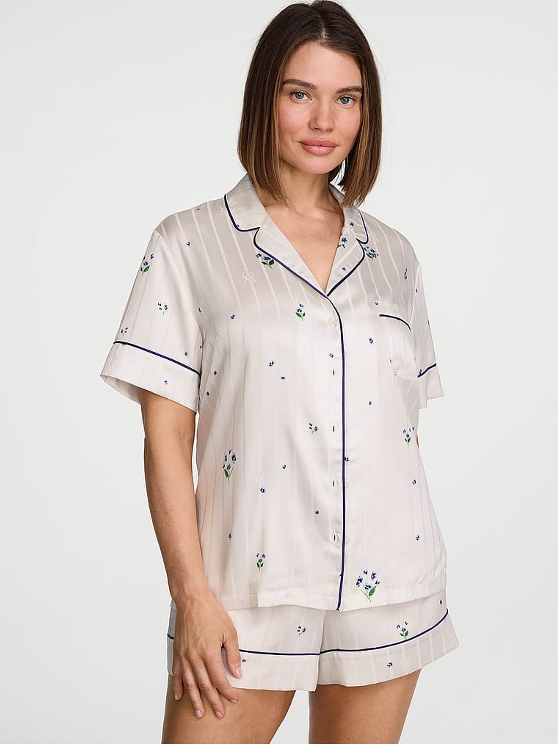White & Celestial Blue Ditsy Floral Satin Short Pyjamas Set - Image 1 of 2