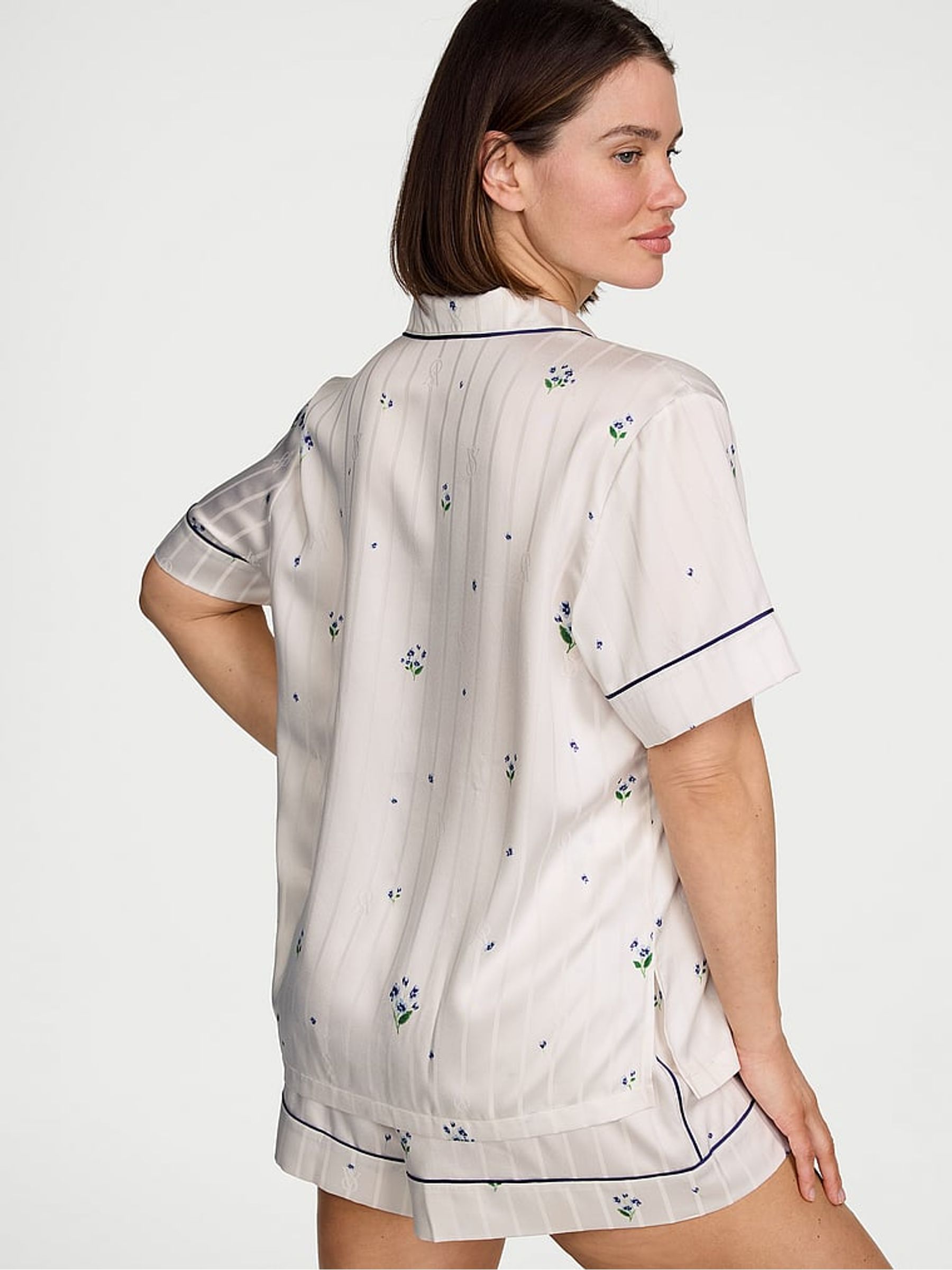 White & Celestial Blue Ditsy Floral Satin Short Pyjamas Set - Image 2 of 2