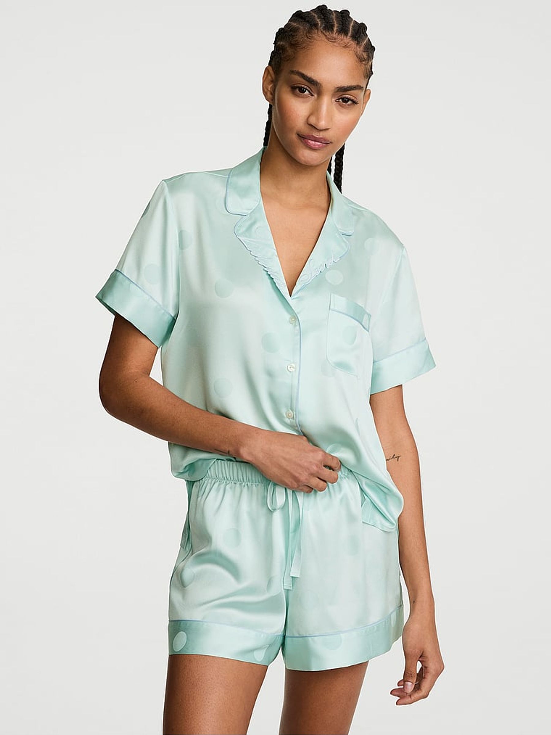 Yacht Blue Dot Satin Short Pyjamas Set - Image 1 of 2 Yacht Blue Dot Satin Short Pyjamas Set - Image 1 of 2